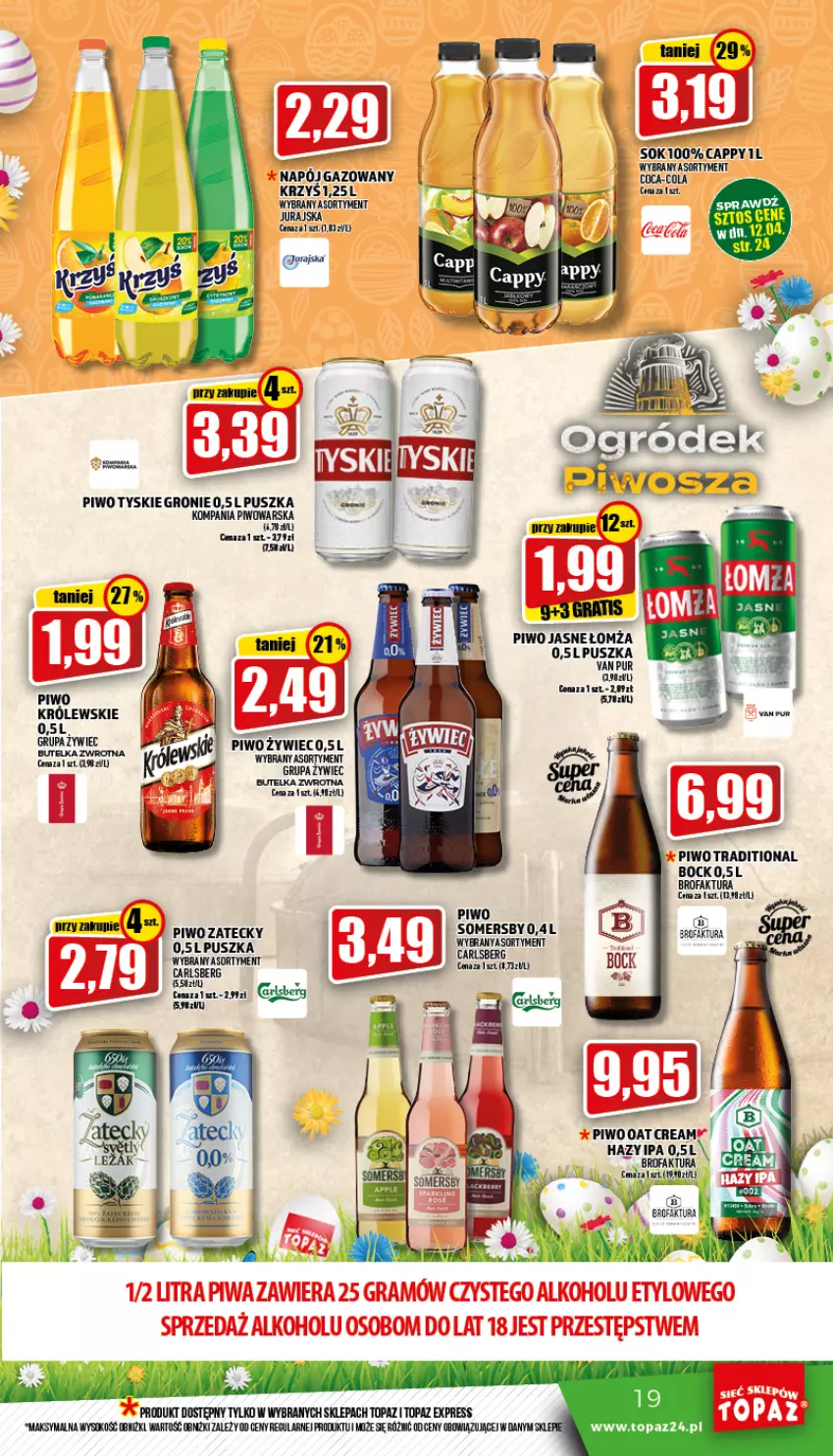 Gazetka promocyjna Topaz - Gazetka - ważna 07.04 do 13.04.2022 - strona 19 - produkty: Cappy, Carlsberg, Coca-Cola, Fa, Gra, Napój, Napój gazowany, Piwa, Piwo, Por, Pur, Sok, Somersby, Top, Tyskie