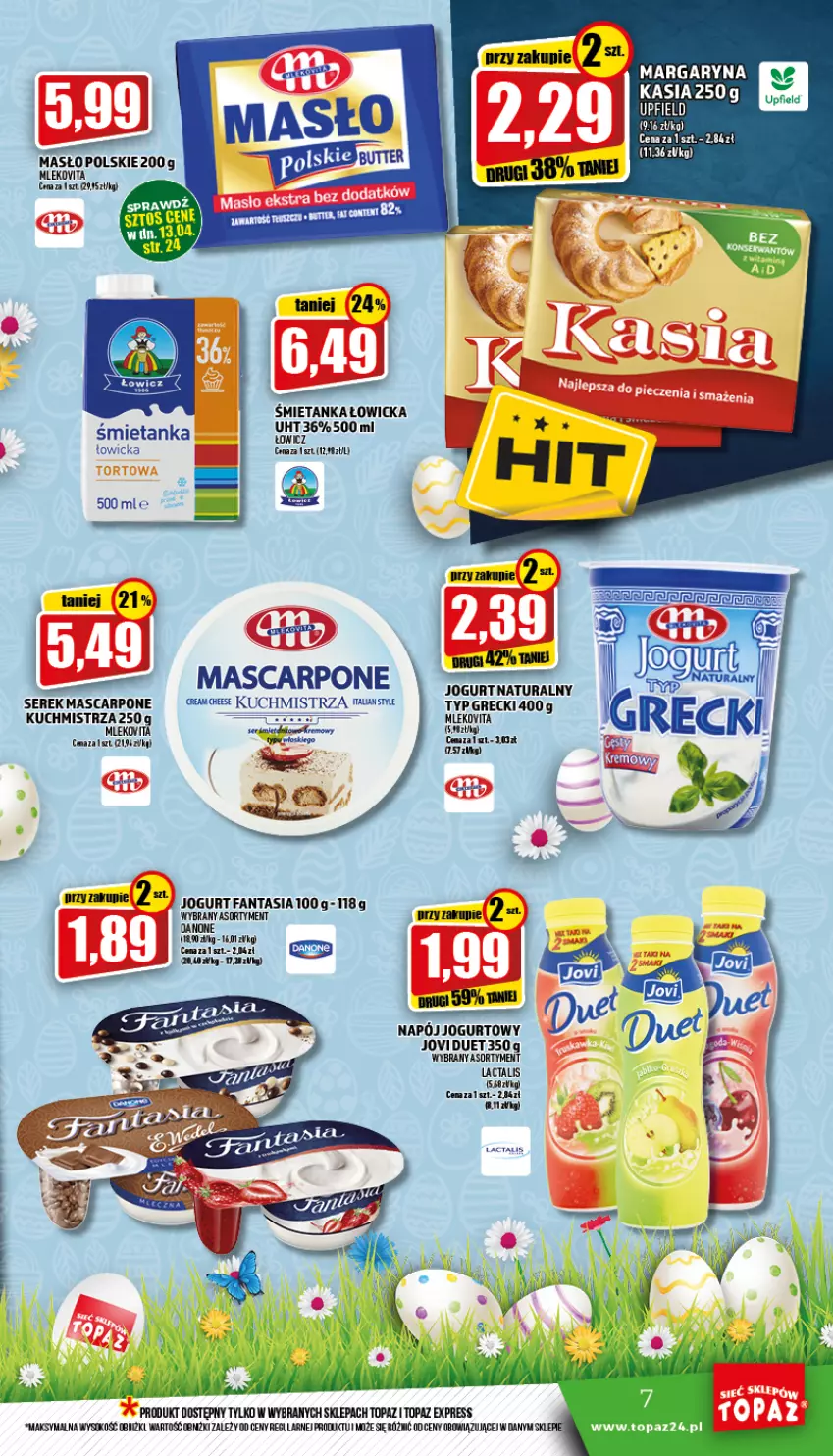 Gazetka promocyjna Topaz - Gazetka - ważna 07.04 do 13.04.2022 - strona 7 - produkty: Danone, Fa, Fanta, Jogurt, Kasia, Mascarpone, Masło, Mleko, Mlekovita, Napój, Napój jogurtowy, Ser, Serek, Sok, Top, Vita C