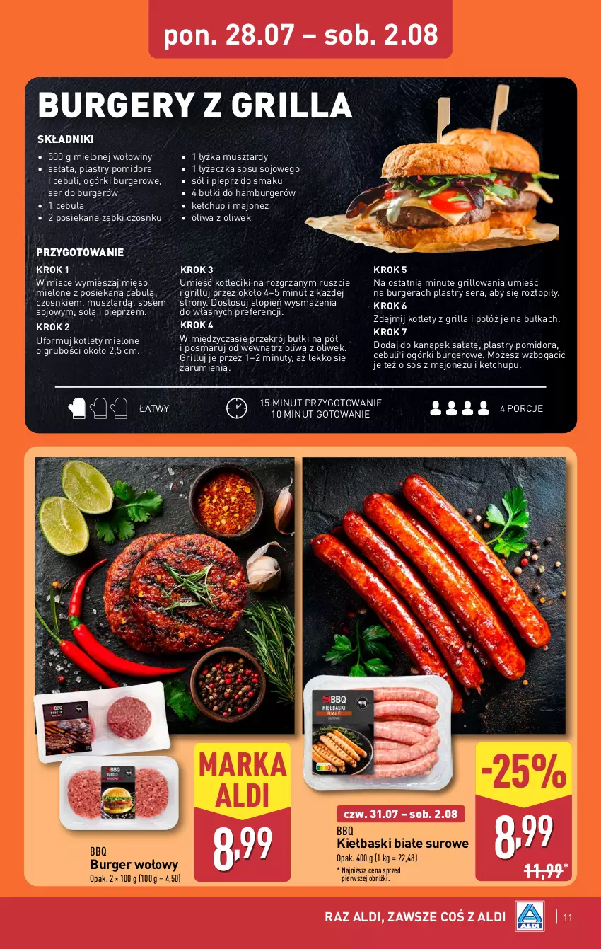 Gazetka promocyjna Aldi - Oferta weekendowa - ważna 31.07 do 02.08.2025 - strona 11 - produkty: Bułka, Burger, Cebula, Grill, Hamburger, Ketchup, Kiełbaski białe, Kotlet, Majonez, Mięso, Mięso mielone, Mus, Nuty, Oliwa z oliwek, Pieprz, Por, Rum, Sałat, Ser, Sól, Sos, Top