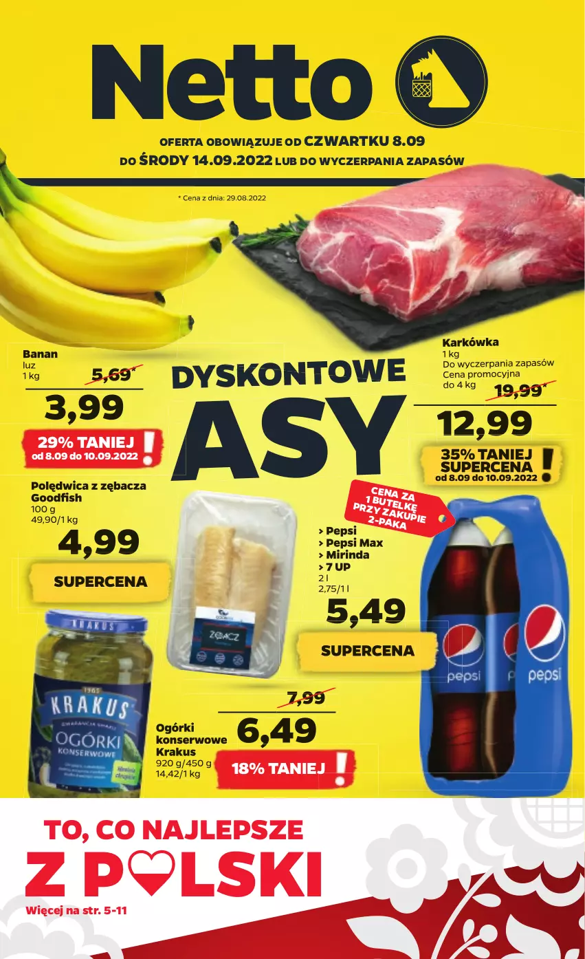 Gazetka promocyjna Netto - Artykuły spożywcze - ważna 08.09 do 14.09.2022 - strona 1 - produkty: Krakus, Mirinda, Ogórki konserwowe, Pepsi, Pepsi max, Polędwica, Ser