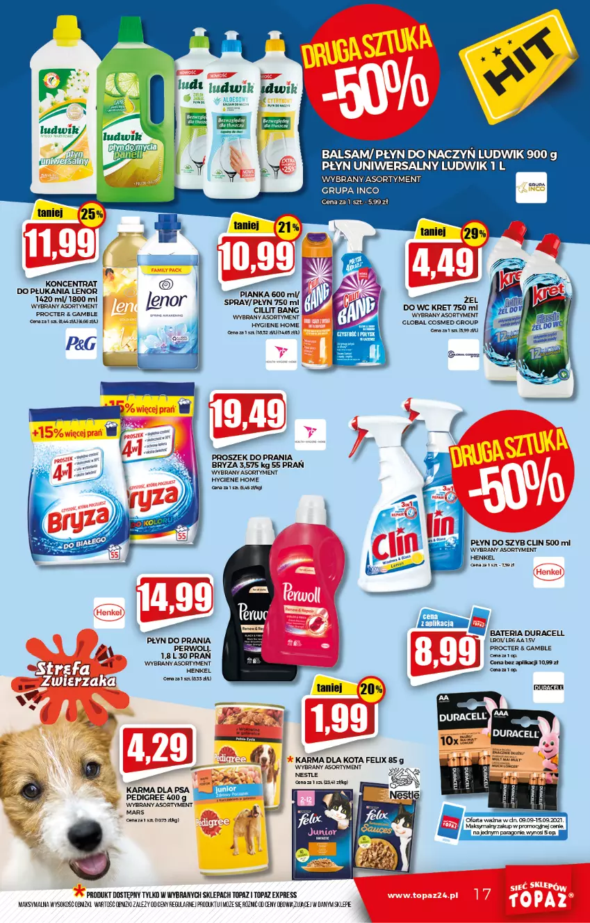 Gazetka promocyjna Topaz - Gazetka - ważna 09.09 do 15.09.2021 - strona 17 - produkty: Bateria, Bryza, Cillit Bang, Clin, Duracell, Felix, Kret, Lenor, Ludwik, Mars, Pedigree, Perwoll, Płyn do prania, Płyn do szyb, Sok, Top