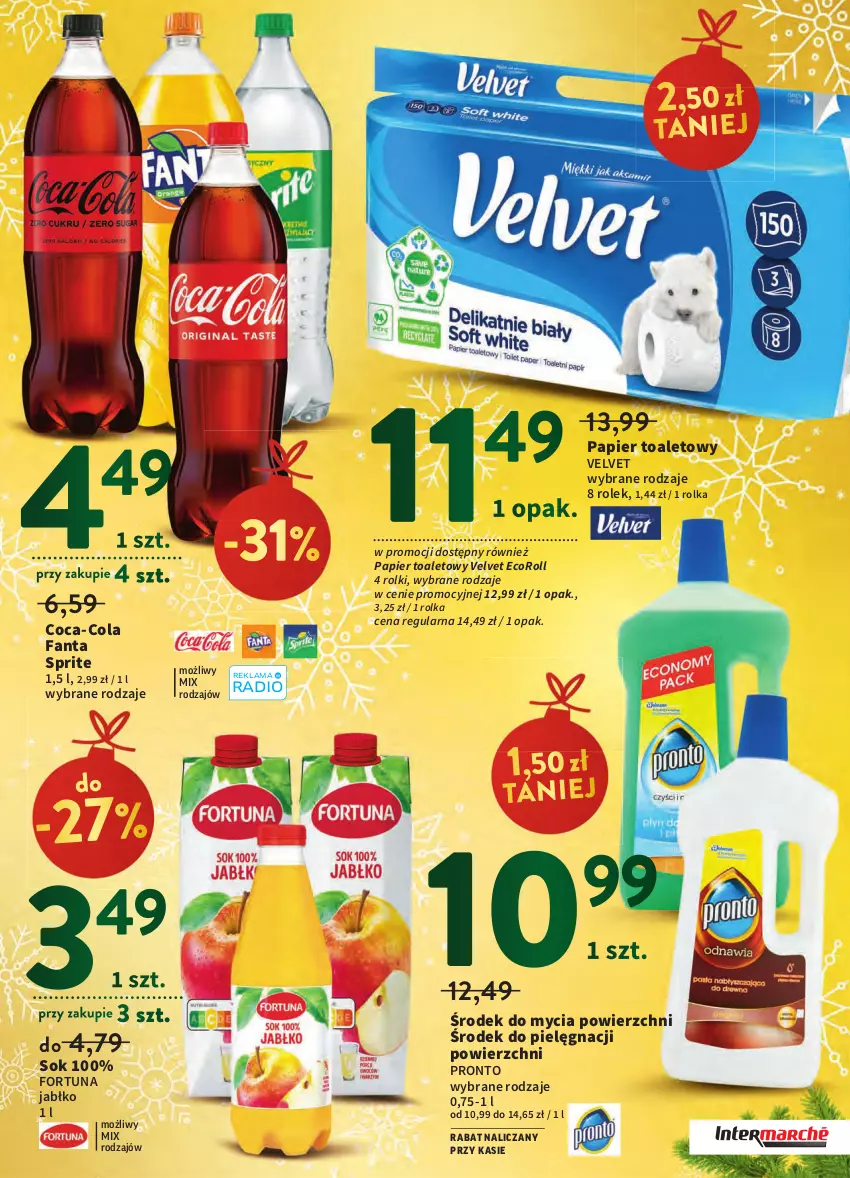 Gazetka promocyjna Intermarche - Gazetka Intermarche - ważna 20.12 do 24.12.2022 - strona 13 - produkty: Coca-Cola, Fa, Fanta, Fortuna, Papier, Papier toaletowy, Pronto, Rolki, Sok, Sprite, Velvet