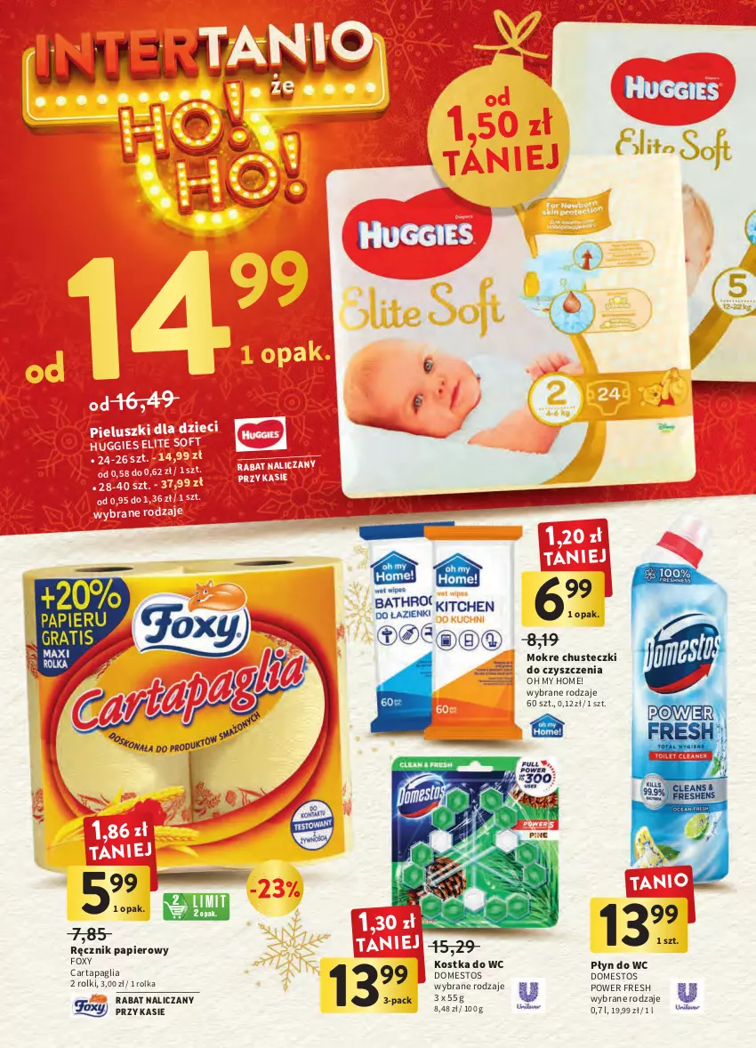 Gazetka promocyjna Intermarche - Gazetka Intermarche - ważna 20.12 do 24.12.2022 - strona 44 - produkty: Chusteczki, Chusteczki do czyszczenia, Domestos, Dzieci, Foxy, Huggies, Kostka do wc, Papier, Płyn do wc, Ręcznik, Rolki