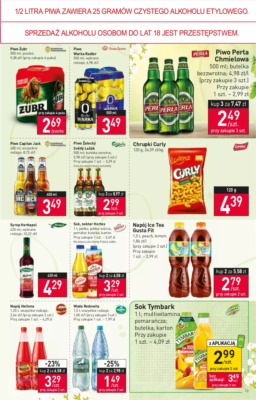 Gazetka promocyjna Stokrotka - Market - ważna 07.04 do 13.04.2022 - strona 13 - produkty: Chrupki, Gra, Hellena, Herbapol, Hortex, Ice tea, Napój, Nektar, Perła, Piwa, Piwo, Radler, Sok, Syrop, Tymbark, Warka, Woda