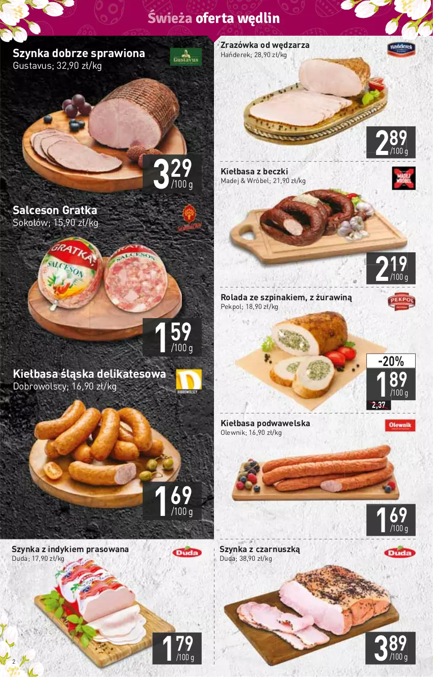 Gazetka promocyjna Stokrotka - Market - ważna 07.04 do 13.04.2022 - strona 2 - produkty: Duda, Gra, HP, Kiełbasa, Kiełbasa podwawelska, Kiełbasa śląska, Olewnik, Pekpol, Rolada, Salceson, Sok, Sokołów, Szpinak, Szynka, Wawel