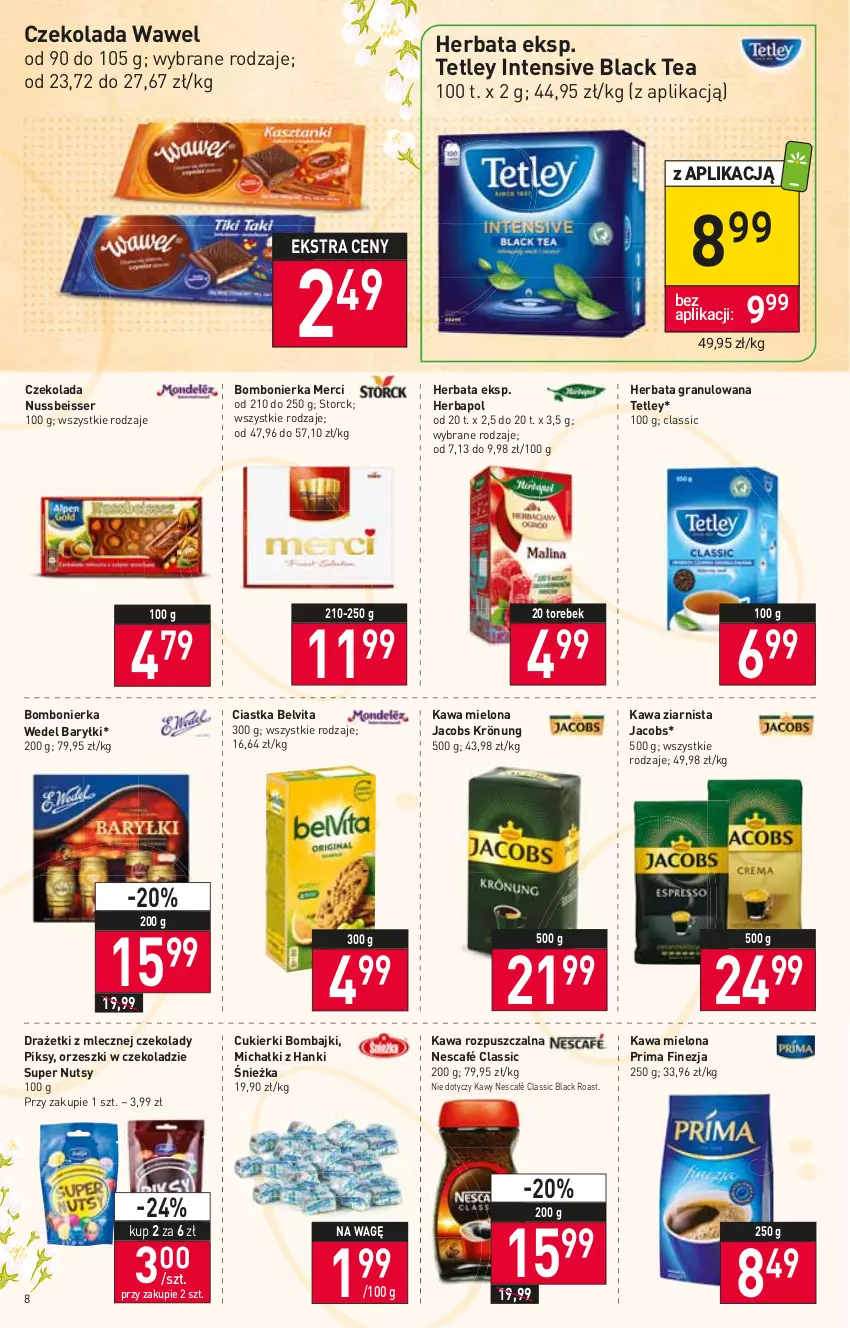 Gazetka promocyjna Stokrotka - Market - ważna 07.04 do 13.04.2022 - strona 8 - produkty: Baryłki, BelVita, Ciastka, Cukier, Cukierki, Czekolada, Gra, Herbapol, Herbata, Jacobs, Jacobs Krönung, Kawa, Kawa mielona, Kawa rozpuszczalna, Kawa ziarnista, Lack, Merci, Michałki, Nescafé, Orzeszki, Prima, Ser, Tetley, Wawel