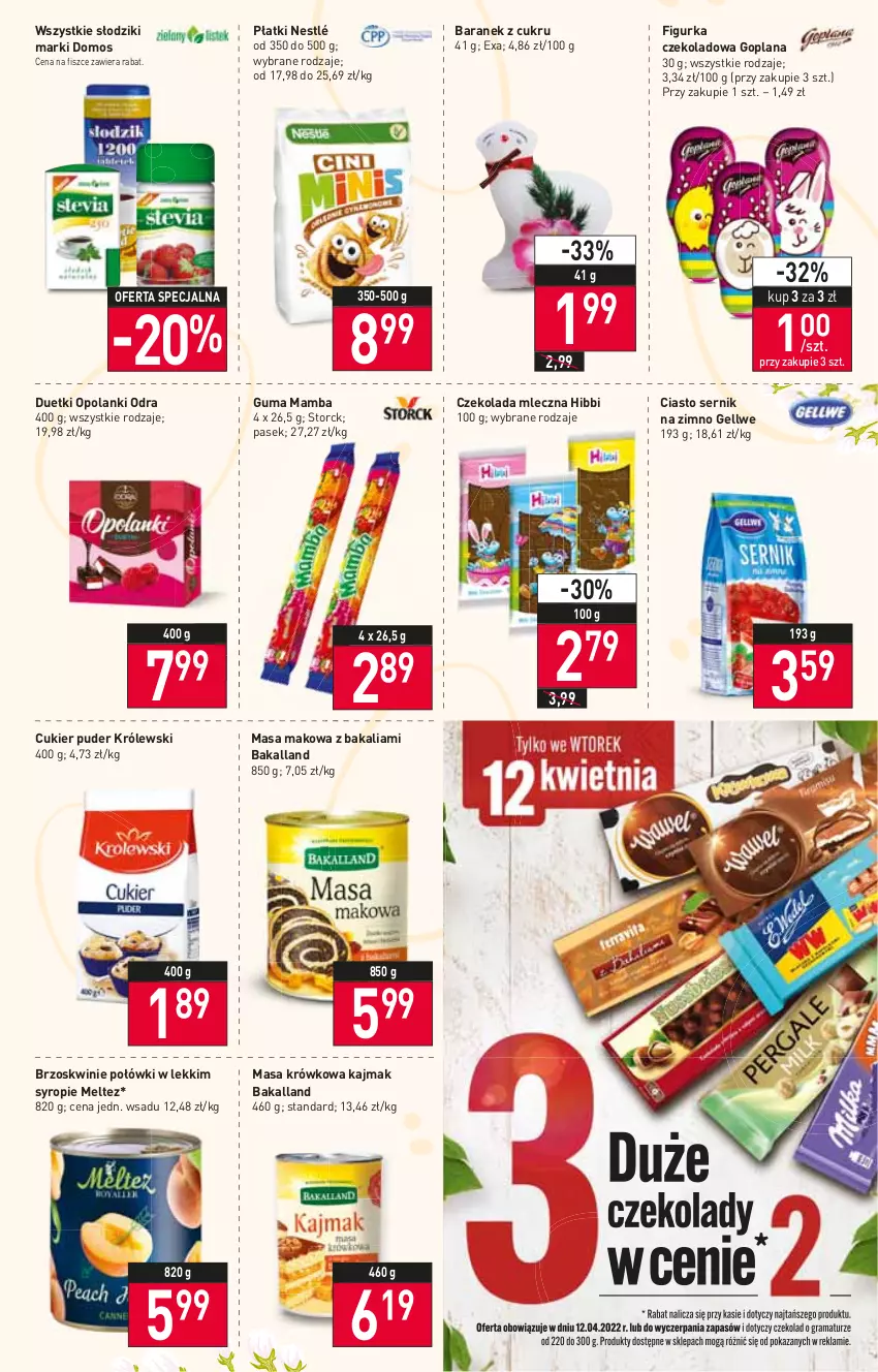 Gazetka promocyjna Stokrotka - Market - ważna 07.04 do 13.04.2022 - strona 9 - produkty: Bakalland, Brzoskwinie, Ciasto sernik, Cukier, Cukier puder, Czekolada, Czekolada mleczna, Goplana, Królewski, LANA, Lanki, Mamba, Masa krówkowa, Nestlé, Pasek, Puder, Ser, Syrop