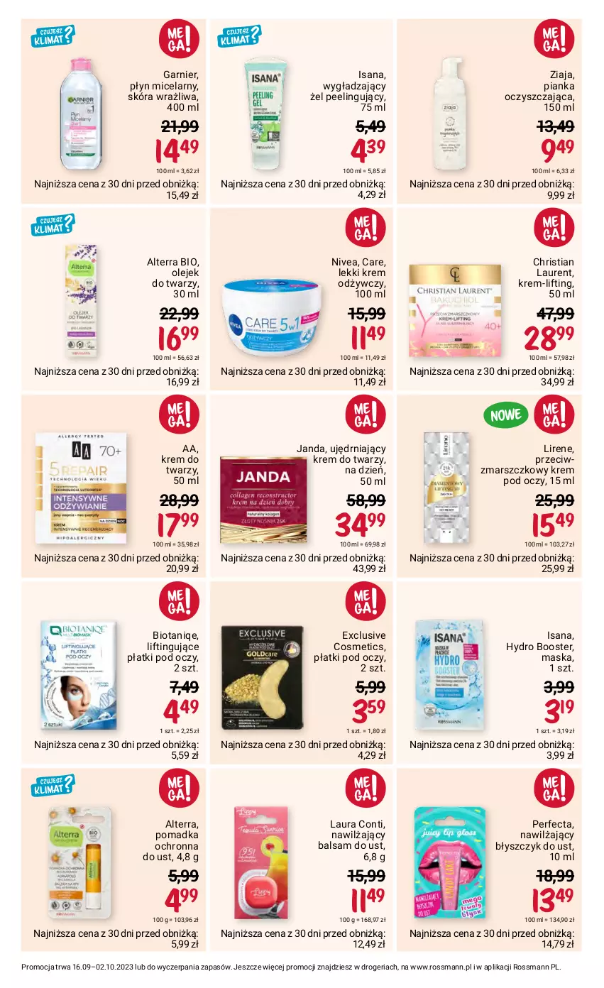 Gazetka promocyjna Rossmann - 16 września - ważna 16.09 do 02.10.2023 - strona 11 - produkty: Alterra, Balsam do ust, Błyszczyk do ust, Booster, Garnier, Isana, Krem do twarzy, Krem odżywczy, Krem pod oczy, Laur, Laura Conti, Lirene, Mars, Maska, Nawilżający balsam, Nivea, Olej, Peeling, Perfecta, Płyn micelarny, Ziaja