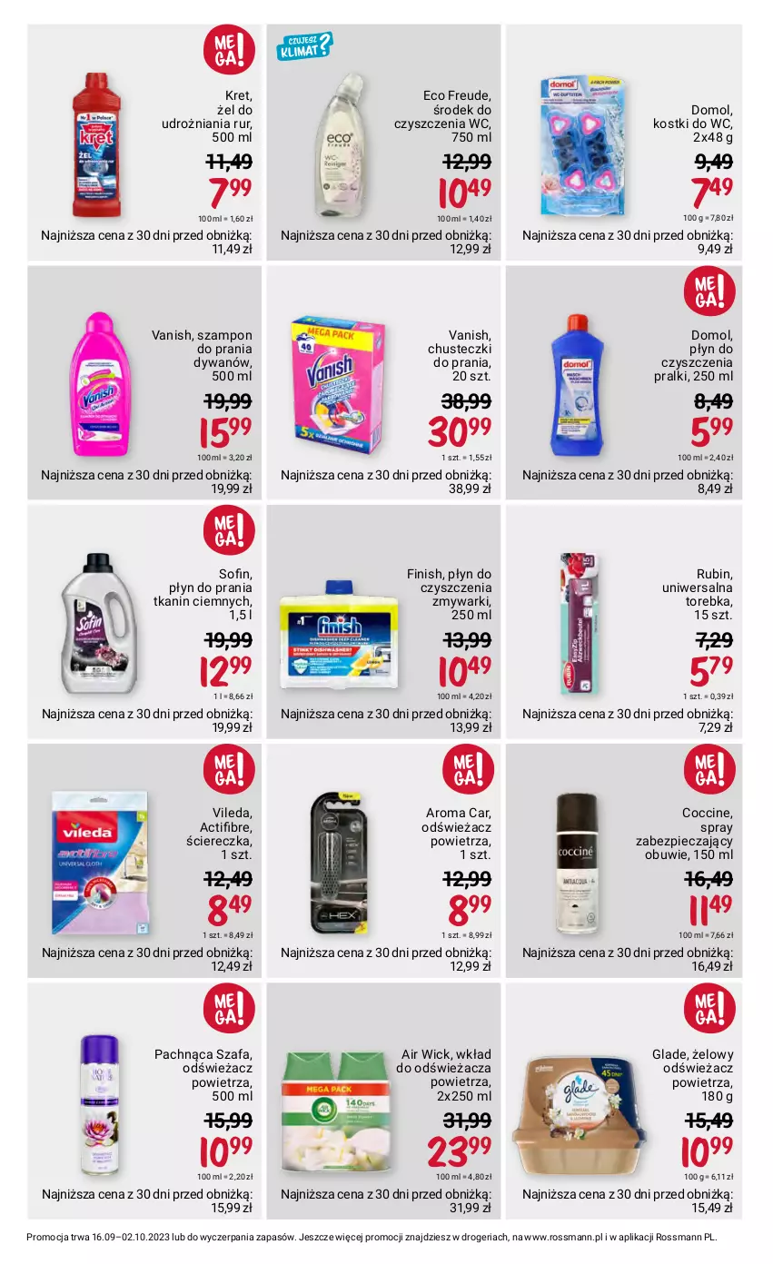 Gazetka promocyjna Rossmann - 16 września - ważna 16.09 do 02.10.2023 - strona 12 - produkty: Air Wick, Chusteczki, Chusteczki do prania, Domol, Dywan, Fa, Finish, Kret, Obuwie, Odświeżacz powietrza, Piec, Płyn do prania, Pralki, Rubin, Szafa, Szampon, Torebka, Vanish, Vileda, Zmywarki