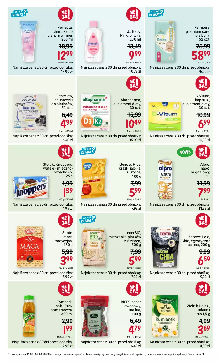 Gazetka promocyjna Rossmann - 16 września - ważna 16.09 do 02.10.2023 - strona 13 - produkty: Alpro, Chia, Chusteczki, Enerbio, Genuss Plus, Jabłka, Knoppers, Napój, Pampers, Perfecta, Pieluchy, Rum, Sante, Sok, Suplement diety, Tymbark, Wafelek