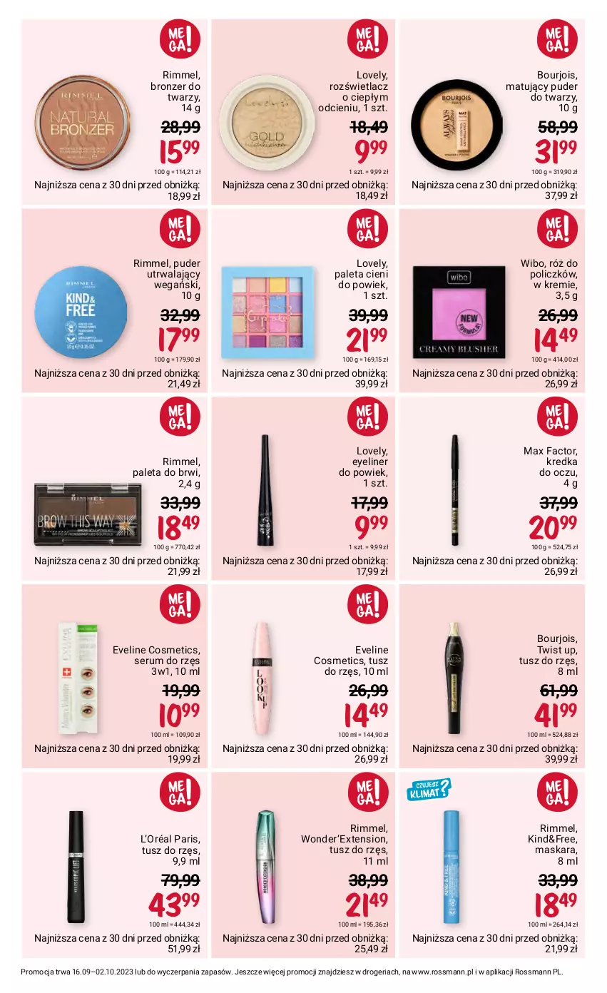 Gazetka promocyjna Rossmann - 16 września - ważna 16.09 do 02.10.2023 - strona 4 - produkty: Bourjois, Bronzer, Eveline, Fa, Kredka, L’Oréal, Lovely, Maska, Maskara, Max Factor, Paleta, Puder, Puder do twarzy, Róż do policzków, Rozświetlacz, Rum, Ser, Serum, Tusz, Wibo