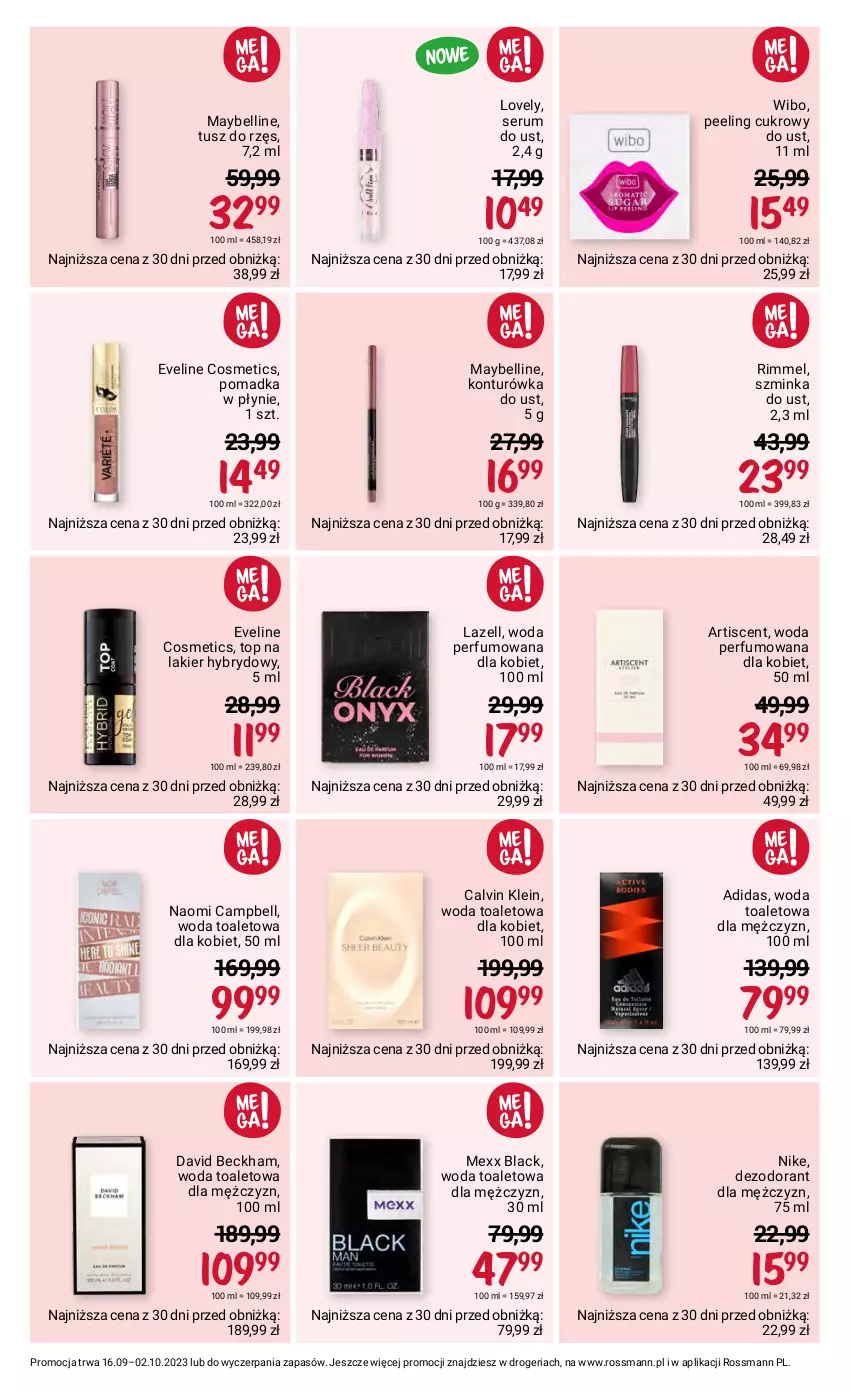 Gazetka promocyjna Rossmann - 16 września - ważna 16.09 do 02.10.2023 - strona 5 - produkty: Adidas, Bell, Calvin Klein, David Beckham, Dezodorant, Eveline, Inka, Konturówka do ust, Lack, Lakier, Lakier hybrydowy, Lazell, Lovely, Maybelline, Mexx, Naomi Campbell, Nike, Peeling, Perfum, Rum, Ser, Serum, Szminka, Top, Tusz, Wibo, Woda, Woda perfumowana, Woda toaletowa