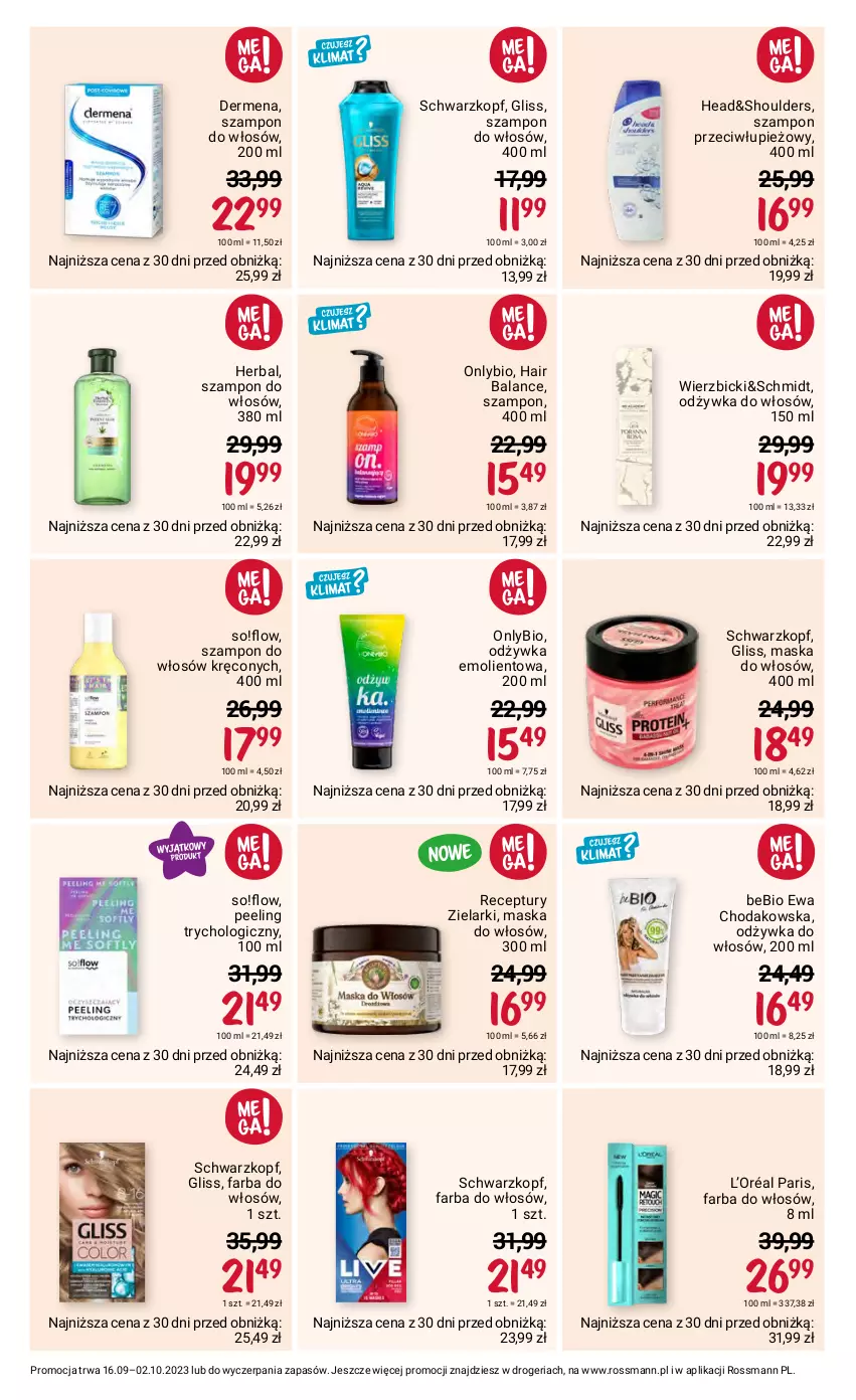 Gazetka promocyjna Rossmann - 16 września - ważna 16.09 do 02.10.2023 - strona 9 - produkty: BIC, Dermena, Fa, Farba do włosów, L’Oréal, Maska, Maska do włosów, Odżywka, Peeling, Schwarzkopf, Szampon