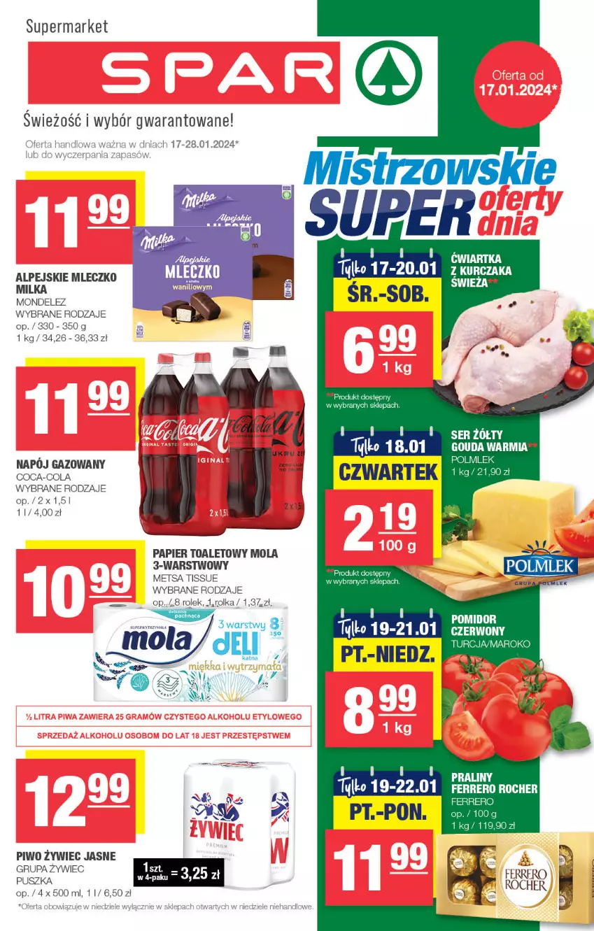 Gazetka promocyjna Spar - Spar - ważna 14.01 do 24.01.2024 - strona 1 - produkty: Coca-Cola, Ferrero, Ferrero Rocher, Gouda, Milka, Mleczko, Mola, Papier, Papier toaletowy, Piwo, POLMLEK, Praliny