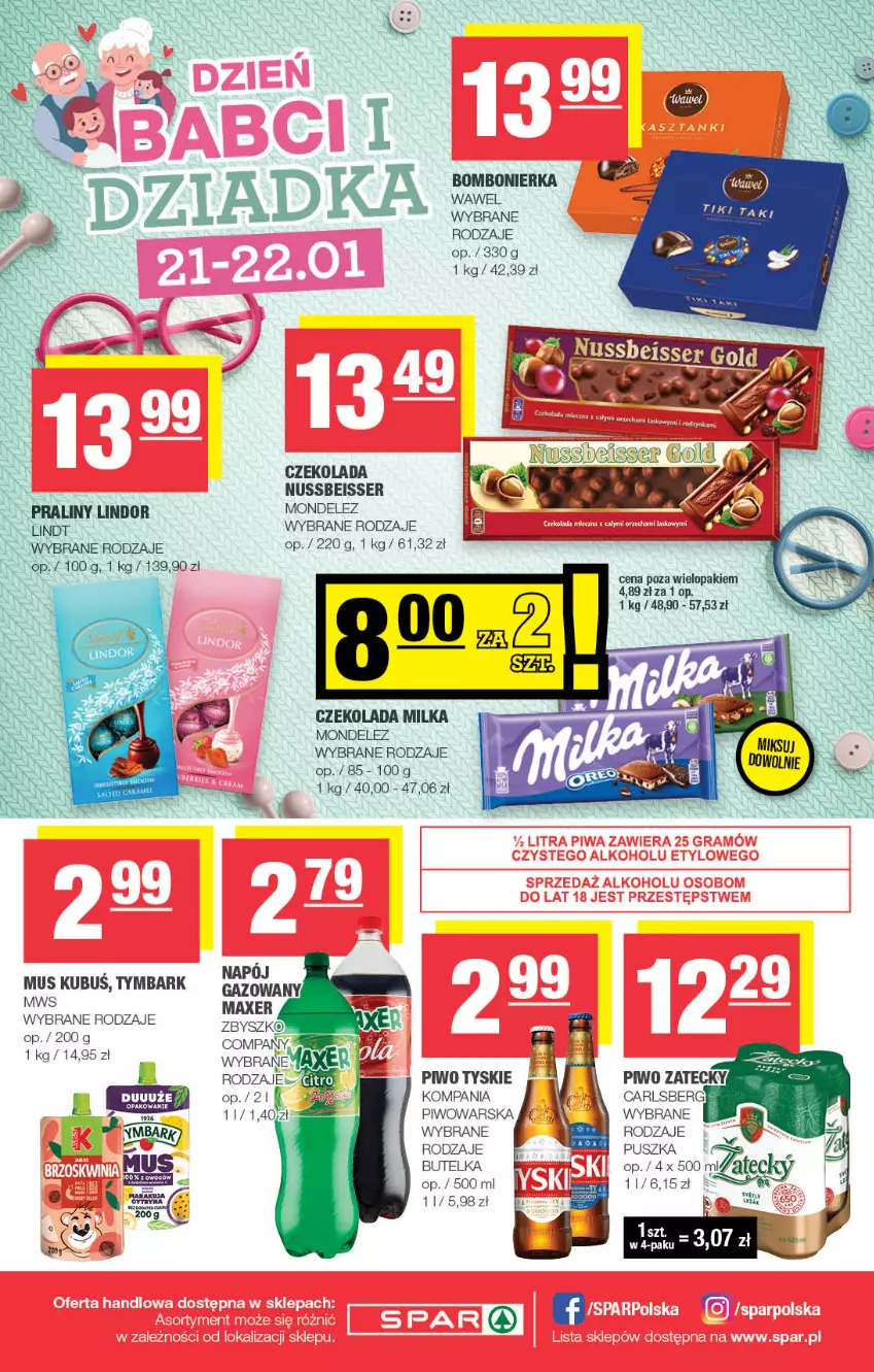 Gazetka promocyjna Spar - Spar - ważna 14.01 do 24.01.2024 - strona 8 - produkty: Carlsberg, Czekolada, Kubuś, Lindor, Lindt, Milka, Mus, Piwo, Praliny, Ser, Tymbark, Tyskie, Wawel