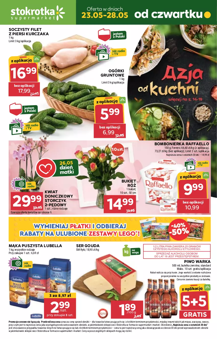 Gazetka promocyjna Stokrotka - Supermarket - ważna 23.05 do 28.05.2024 - strona 1 - produkty: Bell, Bella, Bukiet, Fa, Ferrero, Filet z piersi kurczaka, Gouda, Gra, Grunt, Kurczak, Lubella, Mąka, Mięso, Owoce, Piwa, Piwo, Por, Raffaello, Ser, Storczyk, Warka, Warzywa