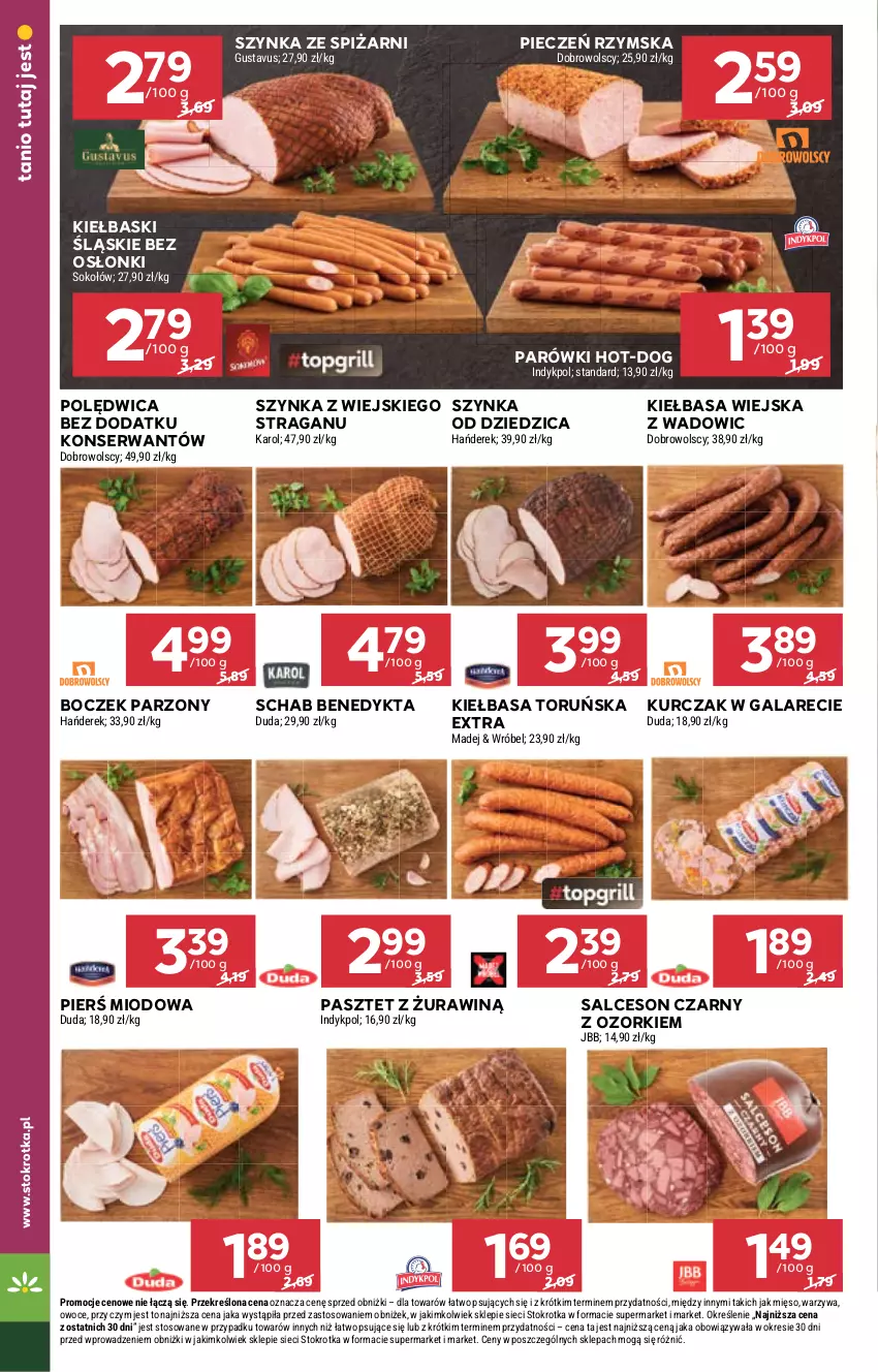 Gazetka promocyjna Stokrotka - Supermarket - ważna 23.05 do 28.05.2024 - strona 10 - produkty: Boczek, Duda, Gala, Kiełbasa, Kiełbasa wiejska, Kiełbaski śląskie, Kurczak, Mięso, Owoce, Parówki, Pasztet, Piec, Pieczeń rzymska, Polędwica, Salceson, Schab Benedykta, Ser, Sok, Sokołów, Szynka, Warzywa