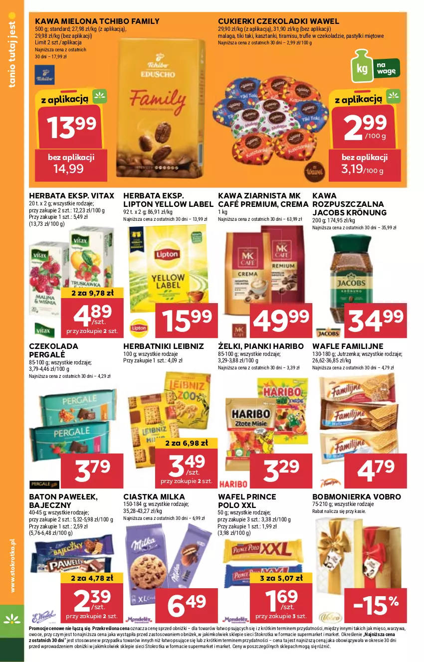 Gazetka promocyjna Stokrotka - Supermarket - ważna 23.05 do 28.05.2024 - strona 20 - produkty: Baton, Ciastka, Cukier, Cukierki, Czekolada, Fa, Haribo, Herbata, Herbatniki, Jacobs, Jacobs Krönung, Jutrzenka, Kawa, Kawa mielona, Kawa ziarnista, Lipton, Mięso, Milka, Owoce, Pastylki, Prince Polo, Tchibo, Tchibo Family, Vitax, Wafle, Warzywa, Wawel