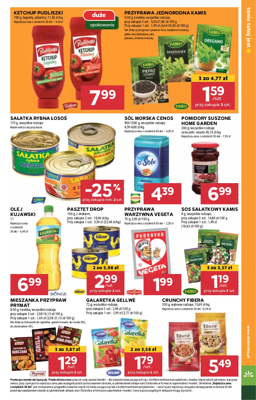 Gazetka promocyjna Stokrotka - Supermarket - ważna 23.05 do 28.05.2024 - strona 21 - produkty: Cenos, Gala, Galaretka, Gałka, Kamis, Ketchup, Kminek, Kujawski, Mięso, Mus, Olej, Owoce, Pasztet, Pomidory, Prymat, Pudliszki, Sałat, Sałatka, Sól, Sos, Torebka, Vegeta, Warzywa