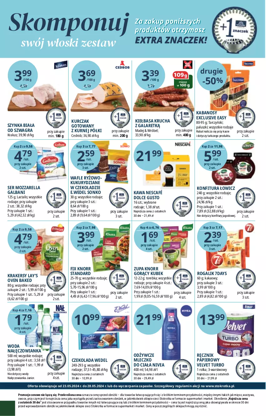 Gazetka promocyjna Stokrotka - Supermarket - ważna 23.05 do 28.05.2024 - strona 22 - produkty: Czekolada, Dolce Gusto, Gala, Galbani, Gra, Kabanos, Kakao, Kawa, Kiełbasa, Kiełbasa krucha, Knorr, Konfitura, Krakersy, Krakus, Kubek, Kurczak, Kurczak gotowany, Lay’s, Mięso, Mleczko, Mleczko do ciała, Mozzarella, Nałęczowianka, Nescafé, Nivea, Owoce, Papier, Ręcznik, Rogal, Ryż, Ser, Sonko, Szynka, Szynka biała, Tarczyński, Torebka, Velvet, Wafle, Warzywa, Woda, Zupa