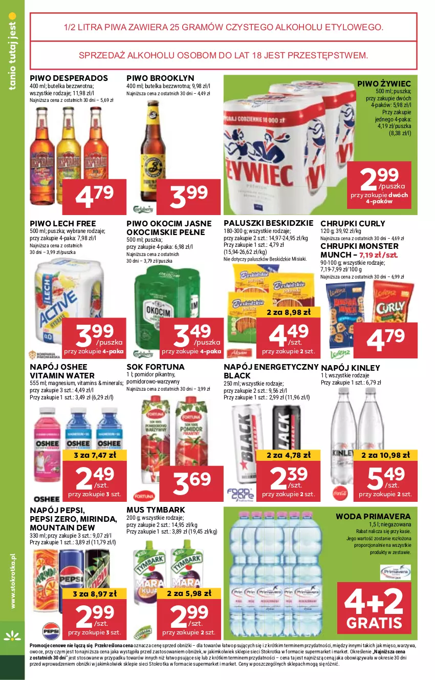 Gazetka promocyjna Stokrotka - Supermarket - ważna 23.05 do 28.05.2024 - strona 24 - produkty: Beskidzki, Chrupki, Desperados, Fortuna, Gra, Koc, Lack, Mięso, Mirinda, Monster Munch, Mus, Napój, Napój energetyczny, Okocim, Oshee, Owoce, Pepsi, Piwa, Piwo, Por, Prima, Primavera, Sok, Tymbark, Warzywa, Woda