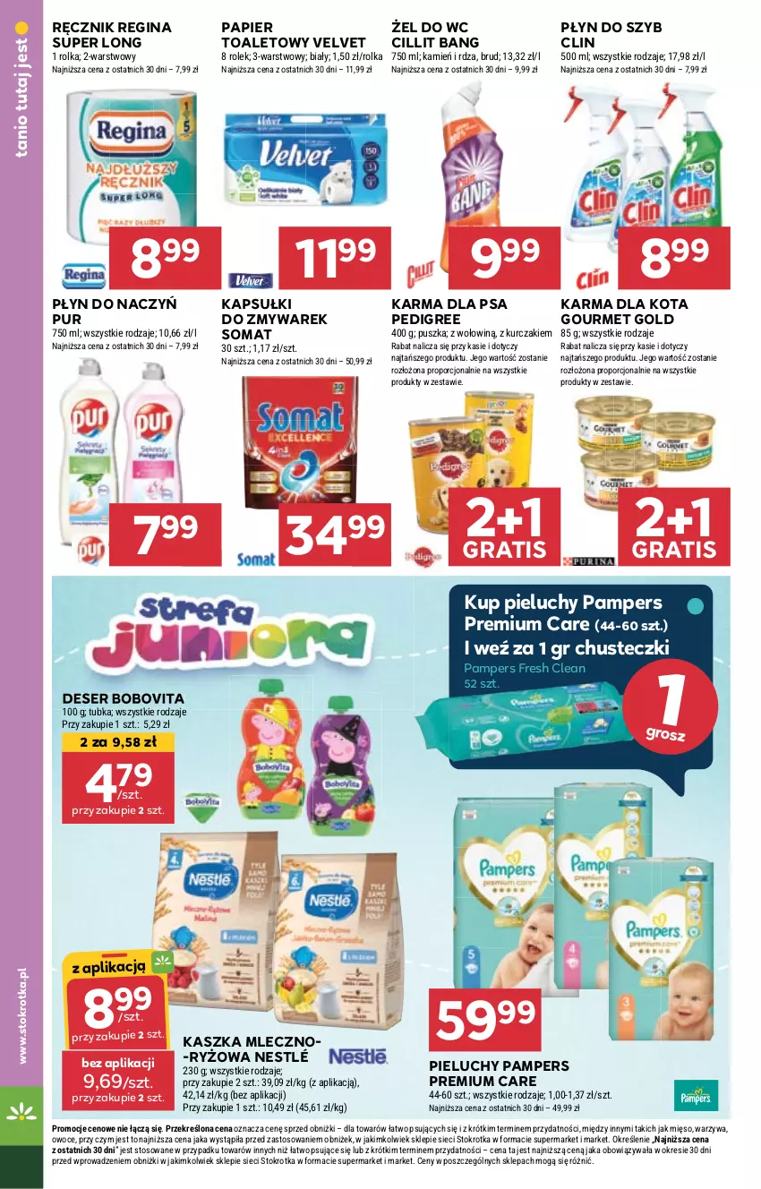 Gazetka promocyjna Stokrotka - Supermarket - ważna 23.05 do 28.05.2024 - strona 26 - produkty: BoboVita, Chusteczki, Cillit Bang, Clin, Deser, Gin, Gourmet Gold, Gra, Kurczak, Mięso, Nestlé, Owoce, Pampers, Papier, Papier toaletowy, Pedigree, Pieluchy, Płyn do szyb, Por, Pur, Ręcznik, Ryż, Ser, Somat, Velvet, Warzywa