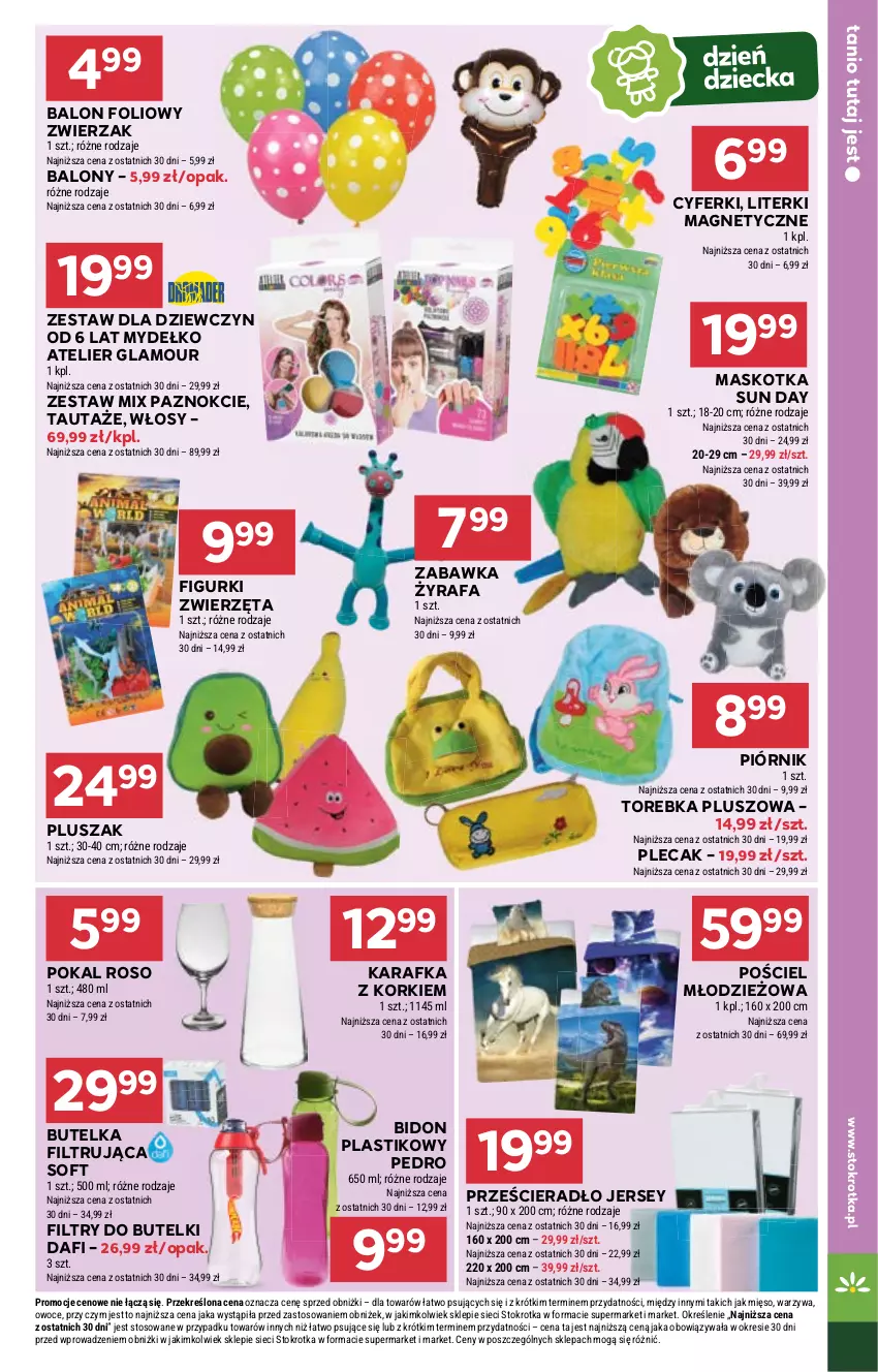 Gazetka promocyjna Stokrotka - Supermarket - ważna 23.05 do 28.05.2024 - strona 30 - produkty: Balony, Fa, Karafka, Mięso, Owoce, Piórnik, Plecak, Pluszak, Pościel, Prześcieradło, Torebka, Warzywa, Zabawka, Zwierzęta