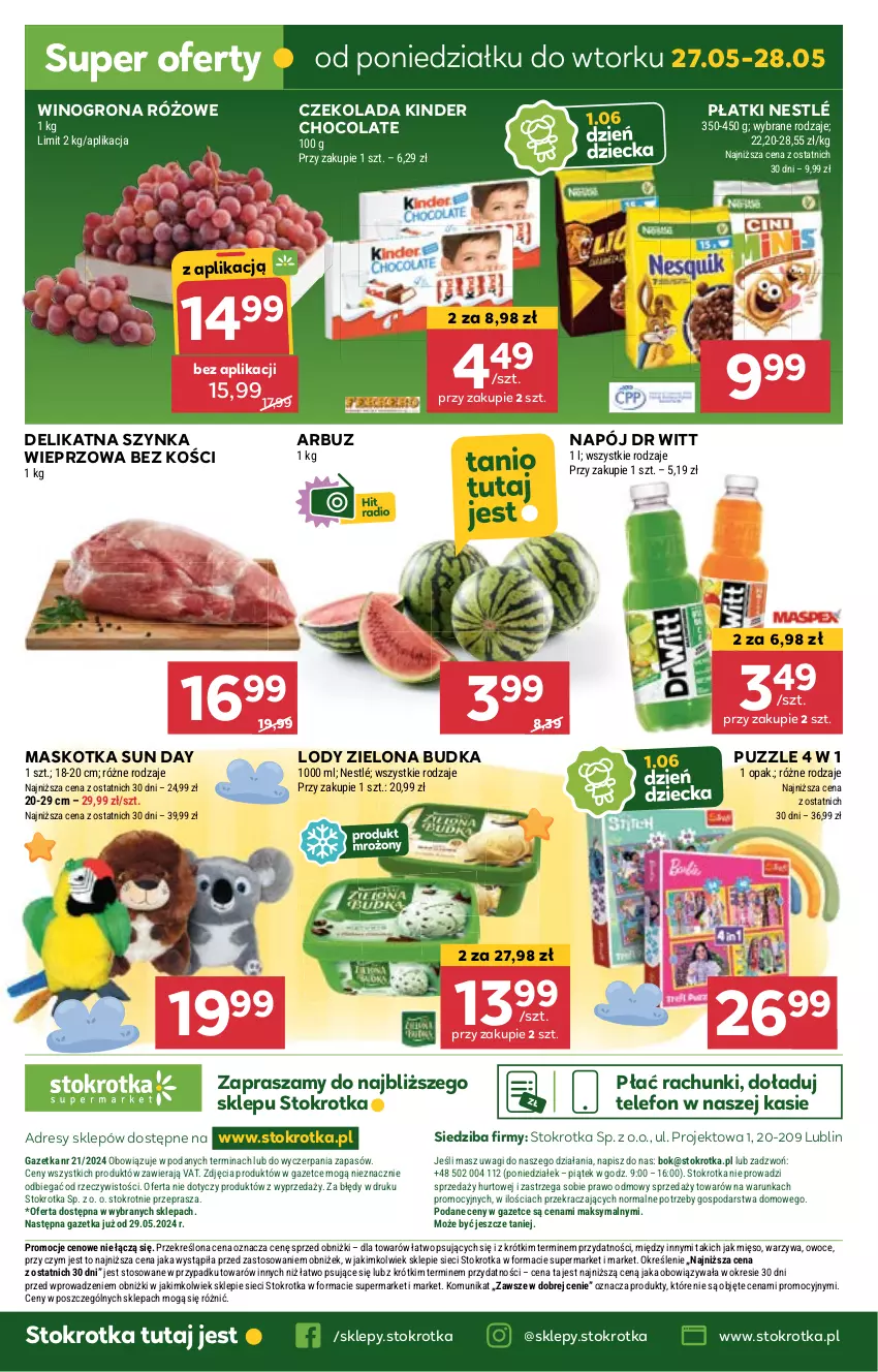 Gazetka promocyjna Stokrotka - Supermarket - ważna 23.05 do 28.05.2024 - strona 31 - produkty: Arbuz, Czekolada, Dres, JBL, Kinder, Lody, Mięso, Napój, Nestlé, O nas, Owoce, Puzzle, Szynka, Szynka wieprzowa, Telefon, Wagi, Warzywa, Wino, Winogrona, Zielona Budka