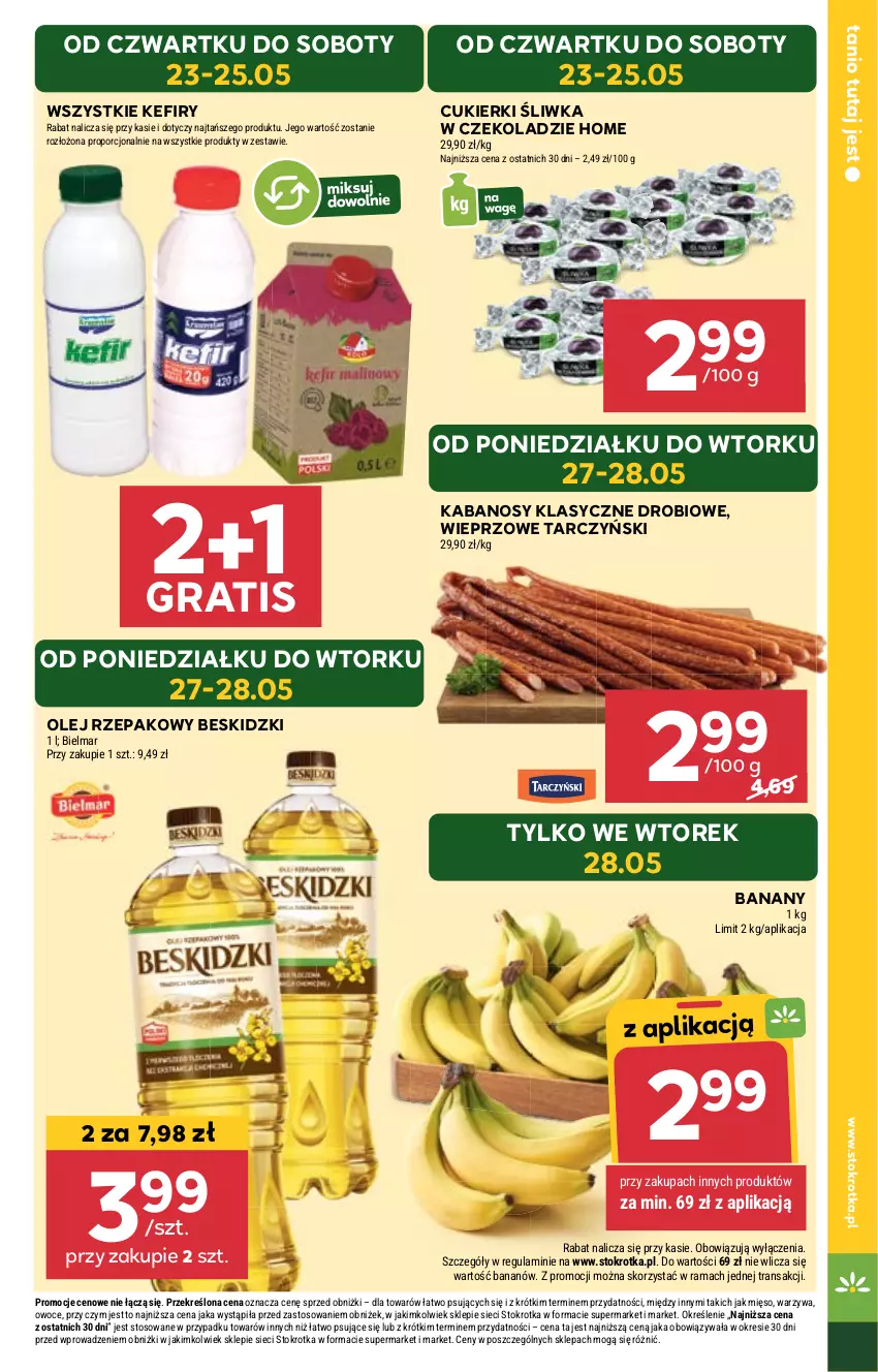 Gazetka promocyjna Stokrotka - Supermarket - ważna 23.05 do 28.05.2024 - strona 5 - produkty: Banany, Beskidzki, Cukier, Cukierki, Gra, Kabanos, Kefir, Mięso, Olej, Olej rzepakowy, Owoce, Por, Rama, Tarczyński, Tran, Warzywa