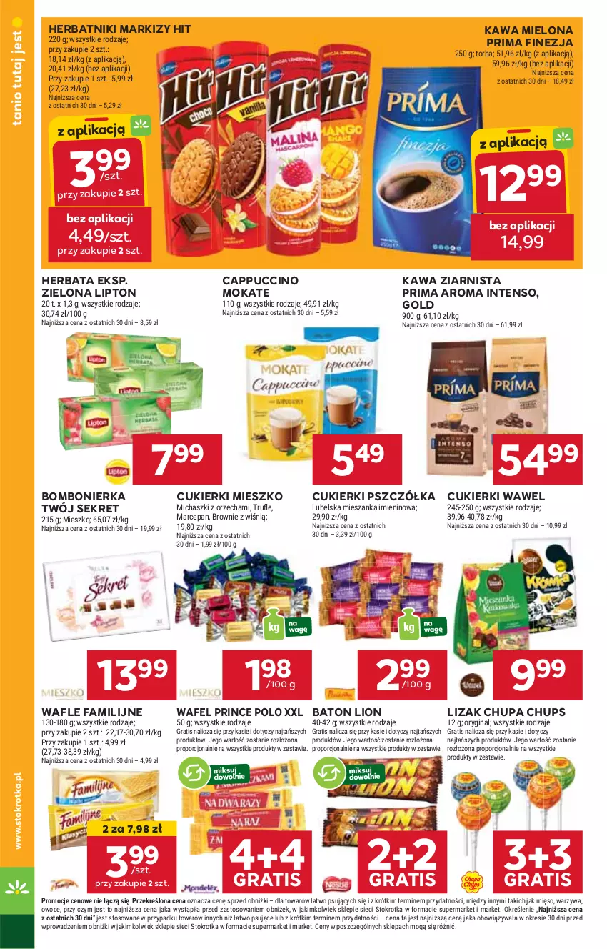 Gazetka promocyjna Stokrotka - Supermarket - ważna 15.05 do 21.05.2025 - strona 24 - produkty: Baton, Brownie, Cappuccino, Chupa Chups, Cukier, Cukierki, Fa, Gin, Gra, Herbata, Herbatniki, Kawa, Kawa mielona, Kawa ziarnista, Kret, Lion, Lipton, Mięso, Owoce, Por, Prima, Prince Polo, Torba, Wafle, Warzywa, Wawel