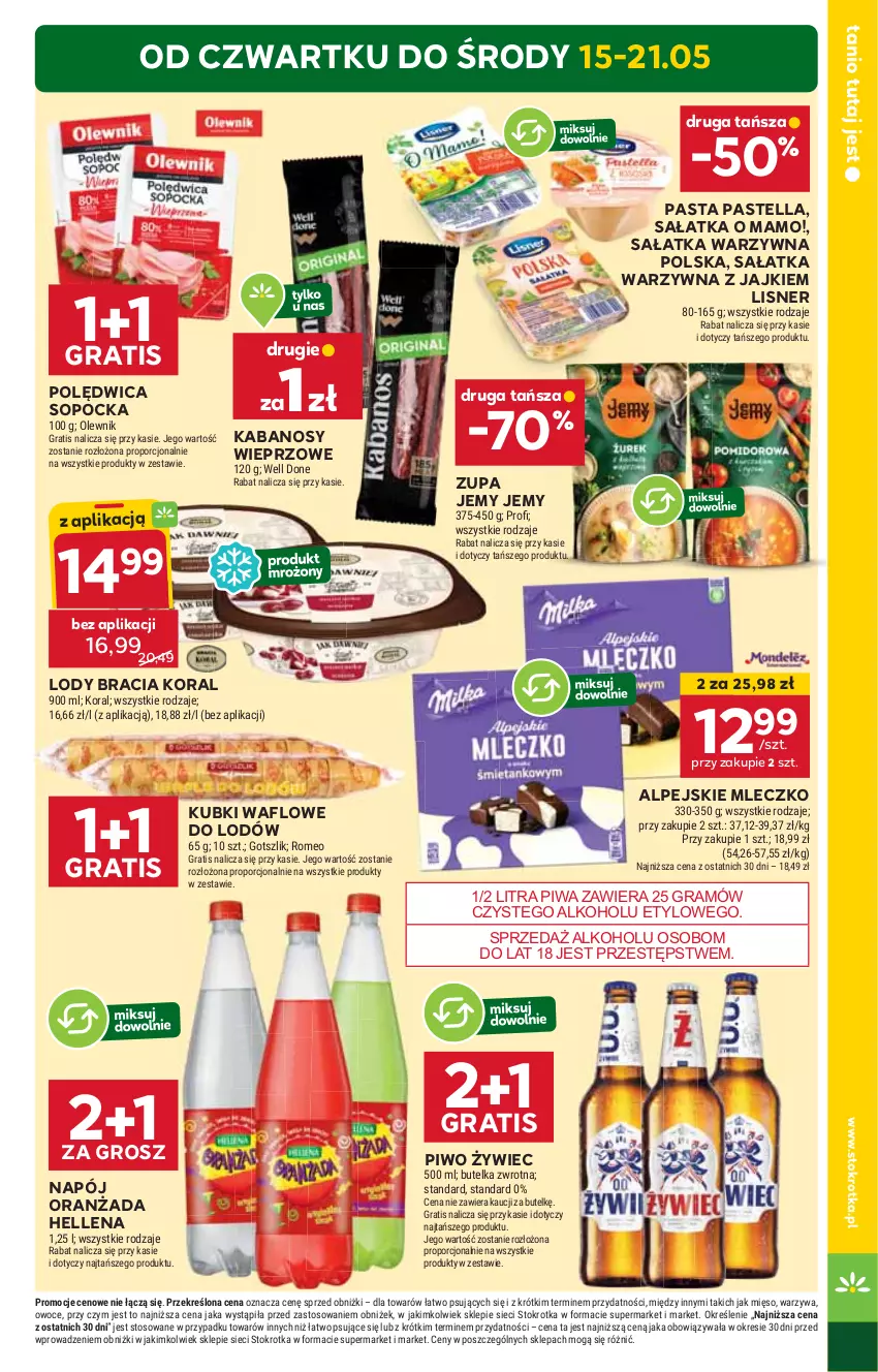 Gazetka promocyjna Stokrotka - Supermarket - ważna 15.05 do 21.05.2025 - strona 3 - produkty: Gra, Hellena, Kabanos, Lisner, Lody, Mięso, Mleczko, Napój, Olewnik, Oranżada, Owoce, Pastella, Piwa, Piwo, Polędwica, Por, Sałat, Sałatka, Sałatka warzywna, Warzywa, Zupa