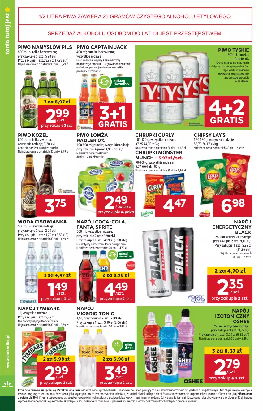 Gazetka promocyjna Stokrotka - Supermarket - ważna 15.05 do 21.05.2025 - strona 34 - produkty: Captain Jack, Chipsy, Chrupki, Cisowianka, Coca-Cola, Fa, Fanta, Gra, Kozel, Lack, Lay’s, Mięso, Monster Munch, Namysłów, Napój, Napój energetyczny, Napój izotoniczny, Oshee, Owoce, Piwa, Piwo, Por, Radler, Sprite, Tymbark, Tyskie, Warzywa, Woda