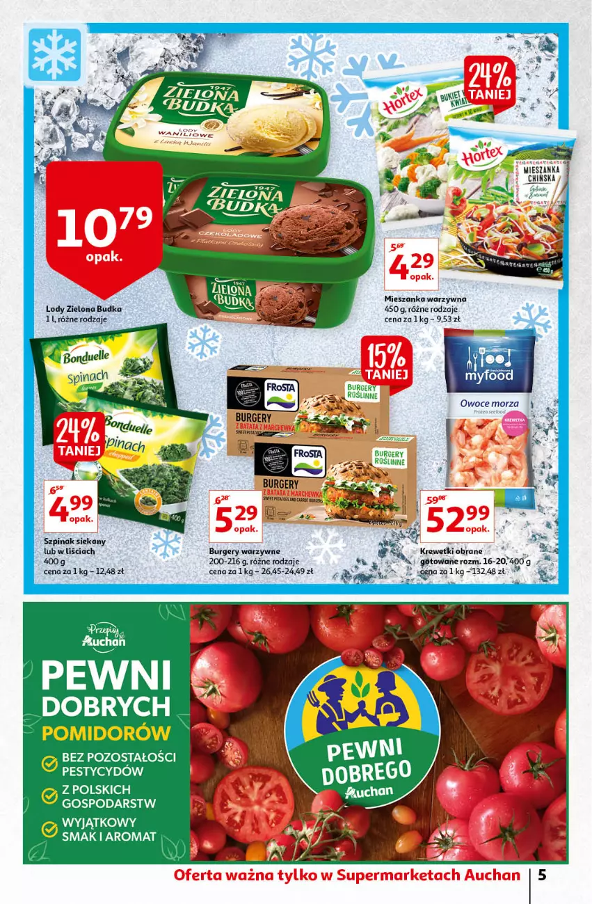 Gazetka promocyjna Auchan - Odkryj z nami regionalne smaki Supermarkety - ważna 09.09 do 15.09.2021 - strona 5 - produkty: Burger, Krewetki, Lody, Mieszanka warzyw, Szpinak, Zielona Budka