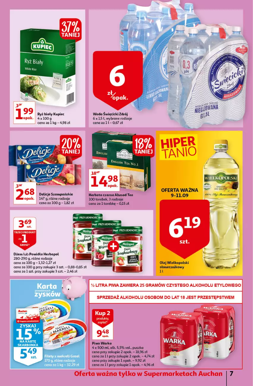 Gazetka promocyjna Auchan - Odkryj z nami regionalne smaki Supermarkety - ważna 09.09 do 15.09.2021 - strona 7 - produkty: Delicje, Dżem, Fa, Gra, Graal, Herbapol, Herbata, Herbata czarna, Kupiec, Olej, Piec, Piwa, Piwo, Ryż, Ryż biały, Sałat, Warka, Woda