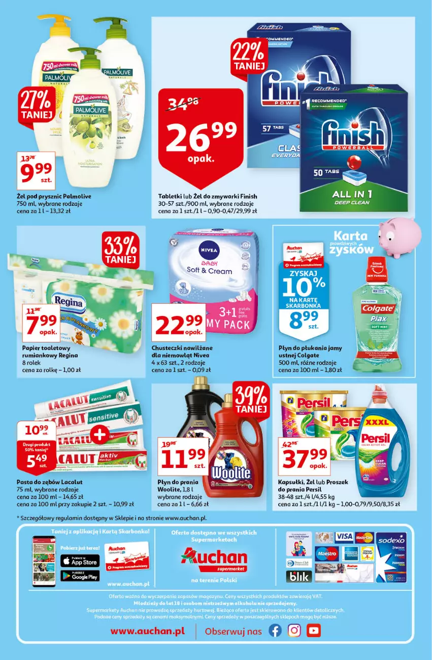 Gazetka promocyjna Auchan - Odkryj z nami regionalne smaki Supermarkety - ważna 09.09 do 15.09.2021 - strona 8 - produkty: Chusteczki, Colgate, Finish, Gin, Lacalut, LG, Nivea, Palmolive, Papier, Papier toaletowy, Pasta do zębów, Persil, Płyn do płukania, Płyn do płukania jamy ustnej, Płyn do prania, Proszek do prania, Rum, Ser, Tablet, Woolite, Zmywarki