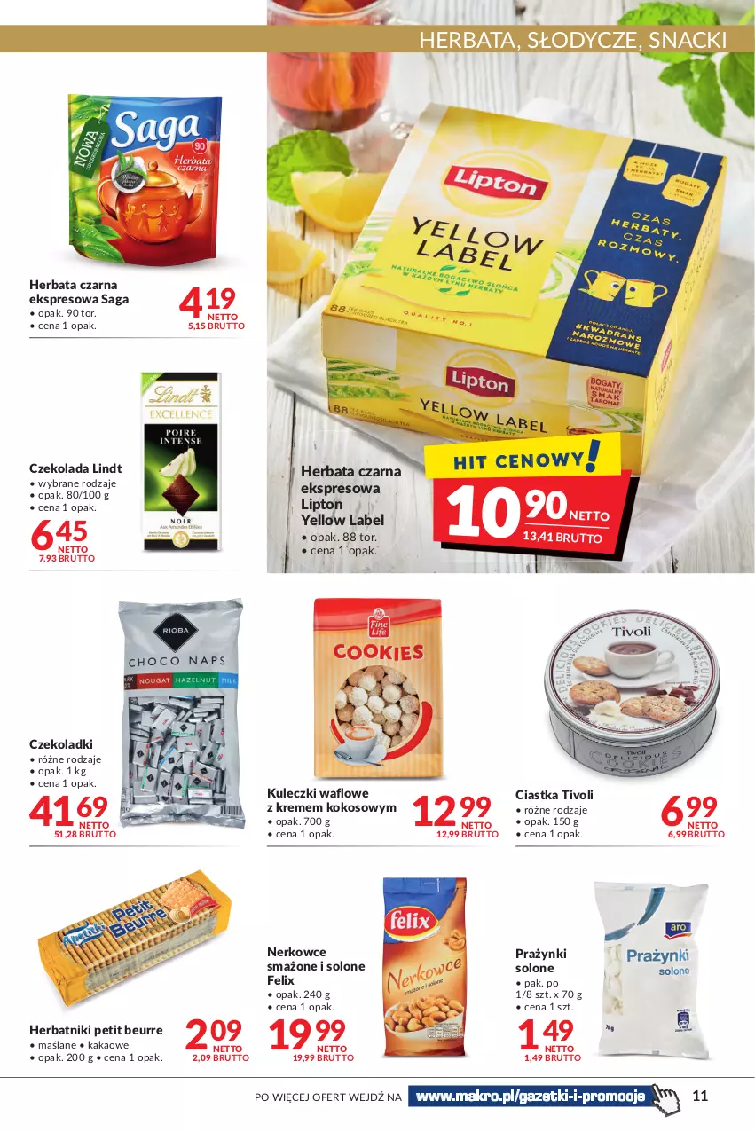 Gazetka promocyjna Makro - [Oferta promocyjna] Artykuły spożywcze i przemysłowe - ważna 04.05 do 16.05.2022 - strona 11 - produkty: Ciastka, Czekolada, Felix, Herbata, Herbata czarna, Herbatniki, Herbatniki Petit Beurre, Kakao, Kokos, Lindt, Lipton, Saga