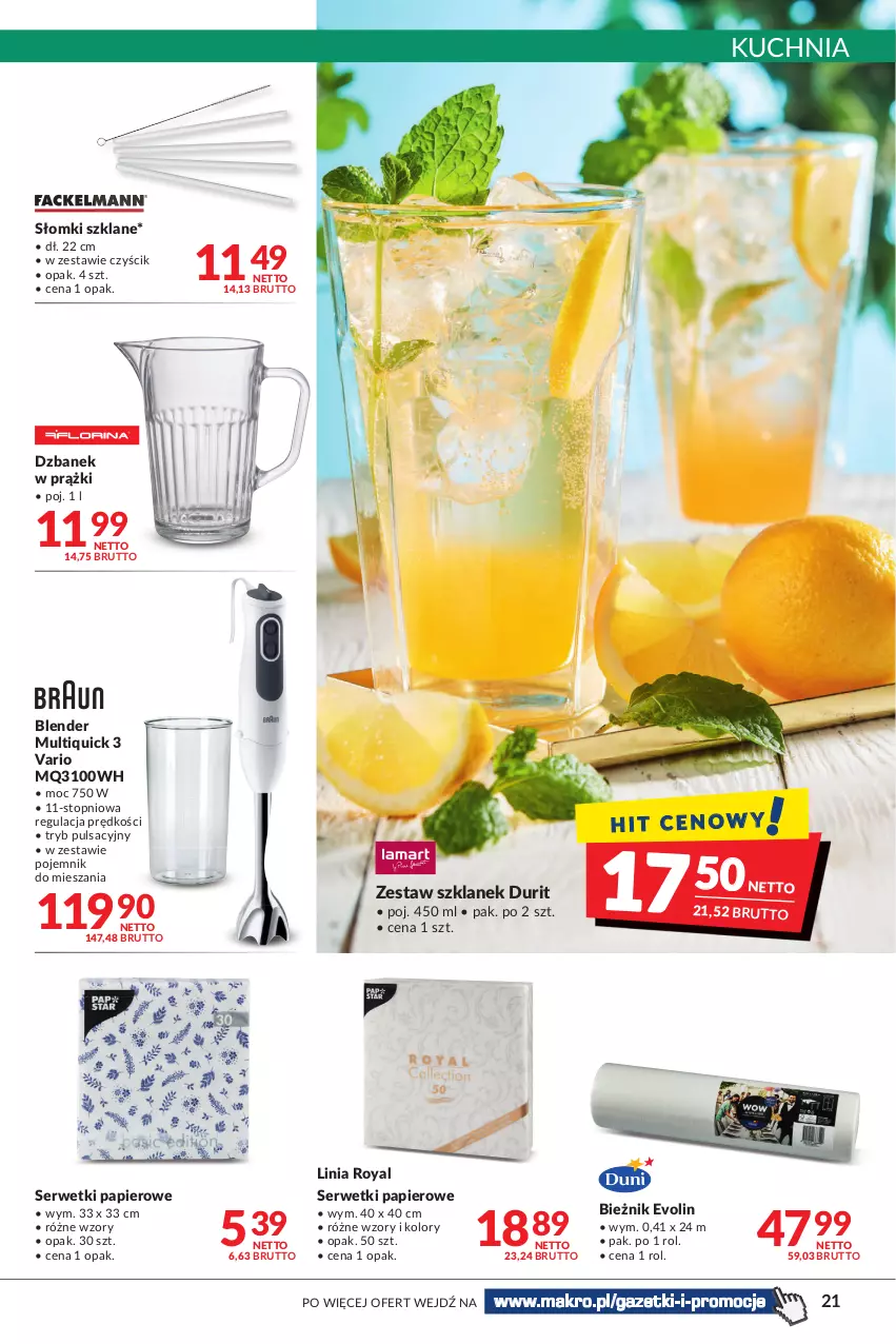 Gazetka promocyjna Makro - [Oferta promocyjna] Artykuły spożywcze i przemysłowe - ważna 04.05 do 16.05.2022 - strona 21 - produkty: Bieżnik, Blender, Dzbanek, Kuchnia, Papier, Pojemnik, Ser, Serwetki, Serwetki papierowe, Top