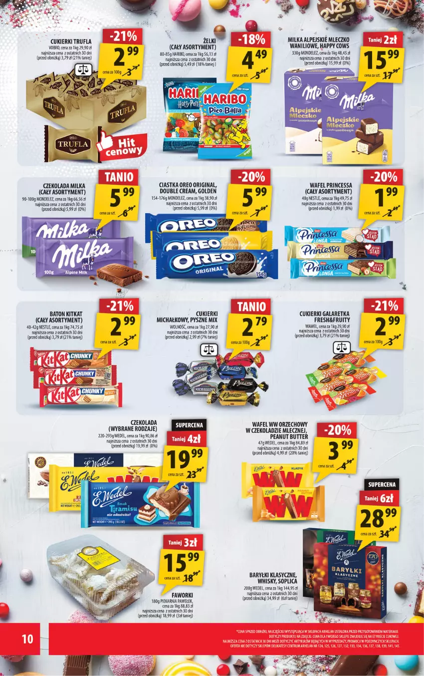 Gazetka promocyjna Arhelan - Gazetka - ważna 16.01 do 25.01.2026 - strona 10 - produkty: Baryłki, Baton, Ciastka, Cukier, Cukierki, Czekolada, Fa, Faworki, Gala, Galaretka, Gin, LG, Milka, Mleczko, Oreo, Por, Princessa, Soplica, Wawel, Whisky
