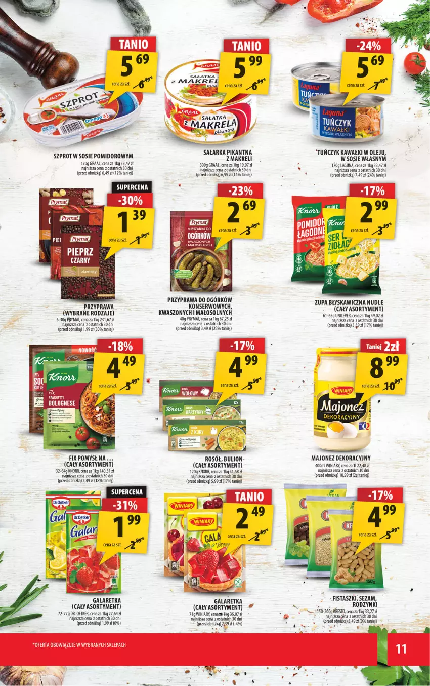 Gazetka promocyjna Arhelan - Gazetka - ważna 16.06 do 29.06.2025 - strona 11 - produkty: Bulion, Dr. Oetker, Gala, Galaretka, Gra, Graal, Kawa, Knorr, Lion, Majonez, Olej, Prymat, Rodzynki, Rosół, Ser, Sezam, Sos, Szprot, Szprot w sosie, Tuńczyk, Winiary, Zupa