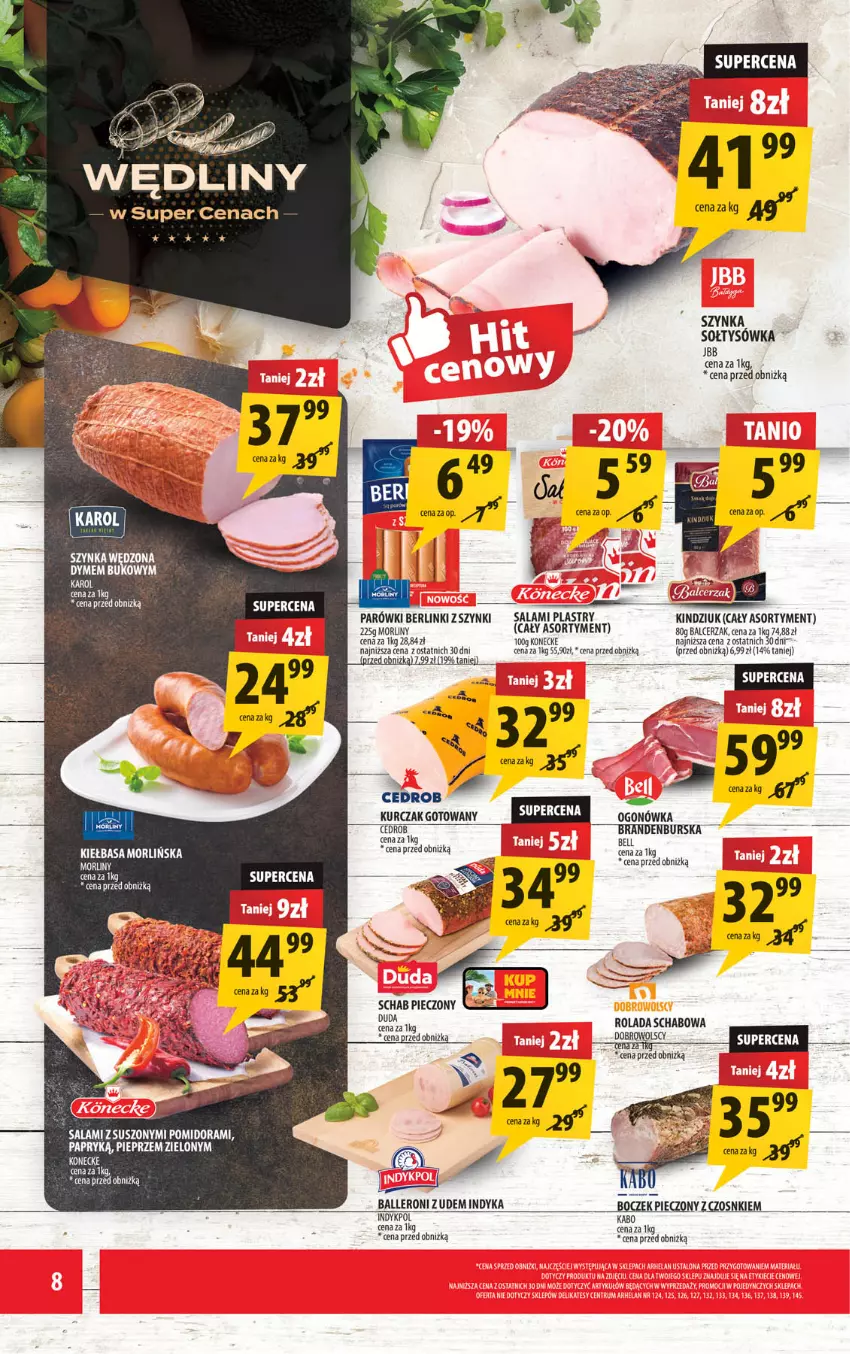Gazetka promocyjna Arhelan - Gazetka - ważna 16.06 do 29.06.2025 - strona 8 - produkty: Bell, Berlinki, Boczek, Boczek pieczony, Duda, Kindziuk, Kurczak, Kurczak gotowany, Morliny, Ogonówka, Parówki, Piec, Rolada, Salami, Schab pieczony, Ser, Szynka