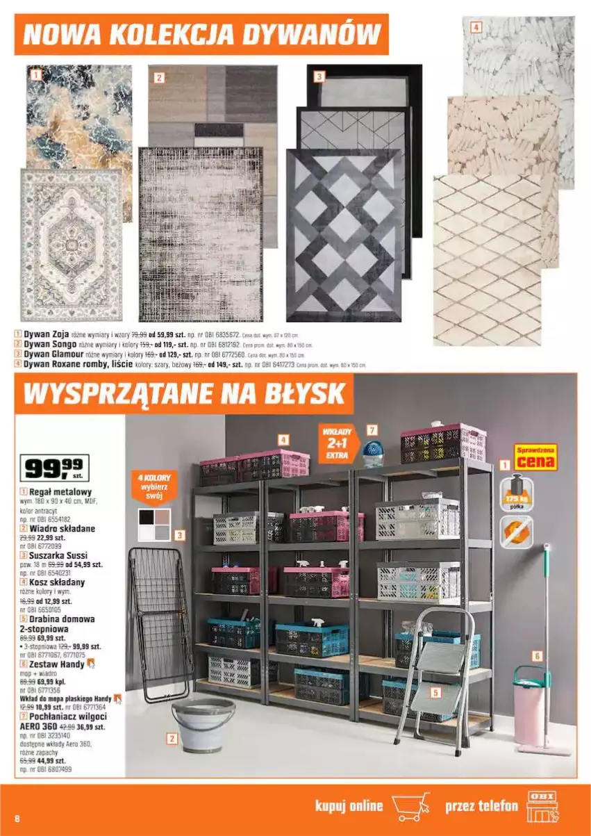 Gazetka promocyjna Obi - ważna 13.10 do 26.10.2021 - strona 8 - produkty: Drabina, Dywan, Kosz, LG, Mop, Pochłaniacz wilgoci, Regał, Regał metalowy, Suszarka, Top, Wiadro, Wkład do mopa