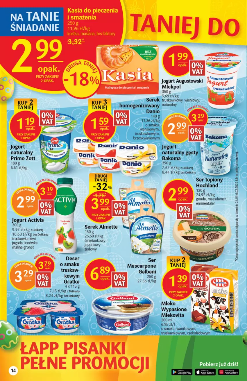 Gazetka promocyjna Delikatesy Centrum - Gazetka DC14 - ważna 07.04 do 18.04.2022 - strona 14 - produkty: Activia, Almette, Bakoma, Borówka, Danio, Deser, Emmental, Galbani, Gouda, Gra, Granat, Hochland, Jogurt, Kasia, Kiwi, LANA, Maasdam, Mascarpone, Mleko, Mlekovita, Piec, Sanki, Ser, Ser topiony, Serek, Top, Zott