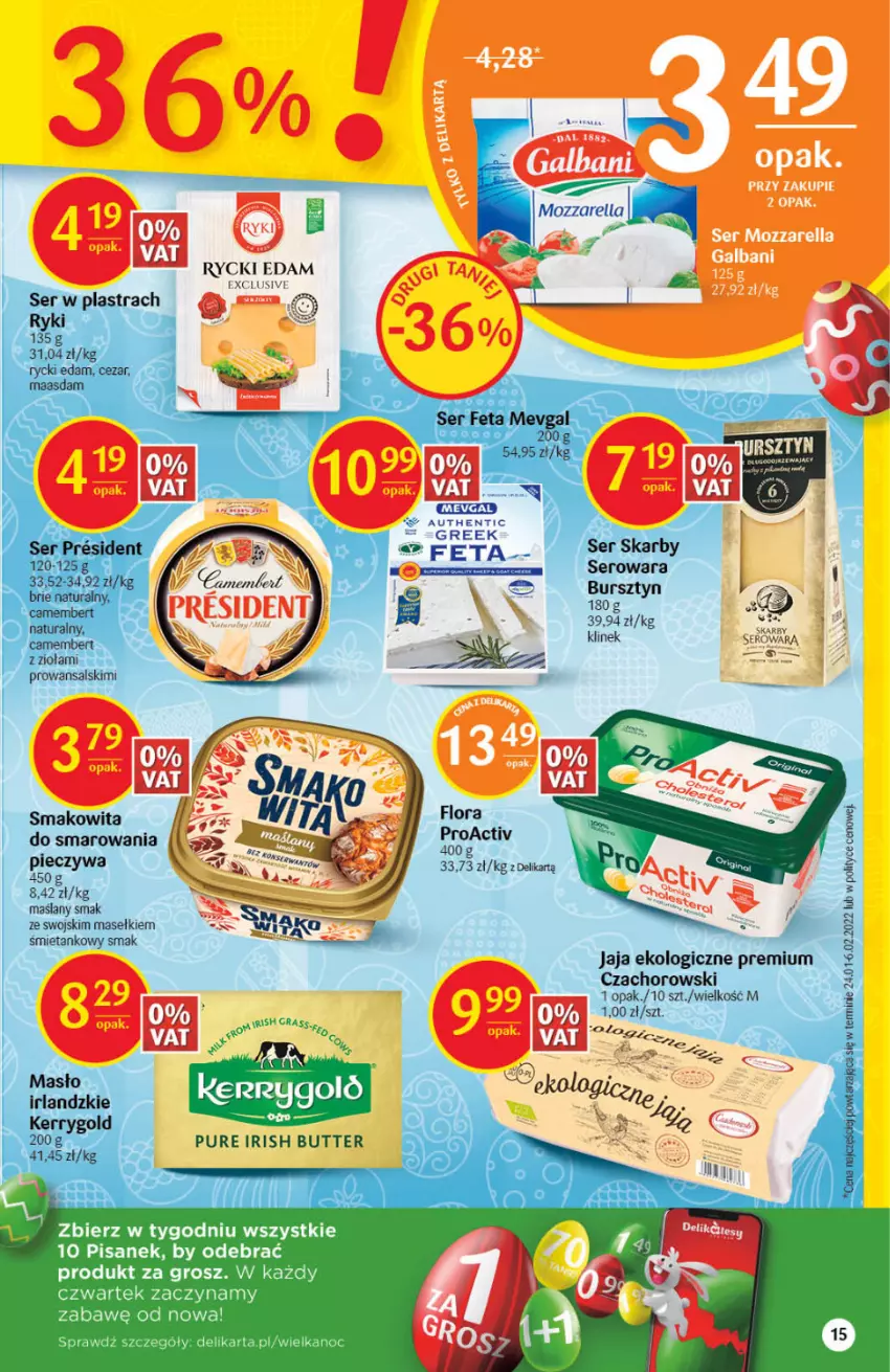 Gazetka promocyjna Delikatesy Centrum - Gazetka DC14 - ważna 07.04 do 18.04.2022 - strona 15 - produkty: Brie, Camembert, Edam, Fa, Feta, Jaja, Piec, Pur, Rycki Edam, Ser, Smakowita