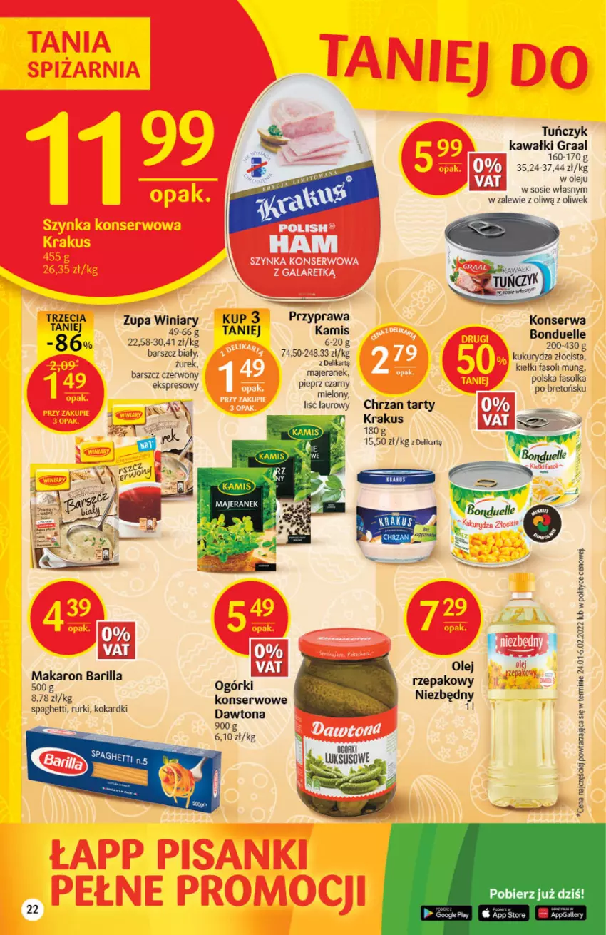 Gazetka promocyjna Delikatesy Centrum - Gazetka DC14 - ważna 07.04 do 18.04.2022 - strona 22 - produkty: Barilla, Bonduelle, Chrzan, Dawtona, Gra, Graal, Kamis, Kawa, Krakus, Kukurydza, Laur, Makaron, Olej, Rurki, Ser, Sos, Spaghetti, Tuńczyk, Winiary, Zupa