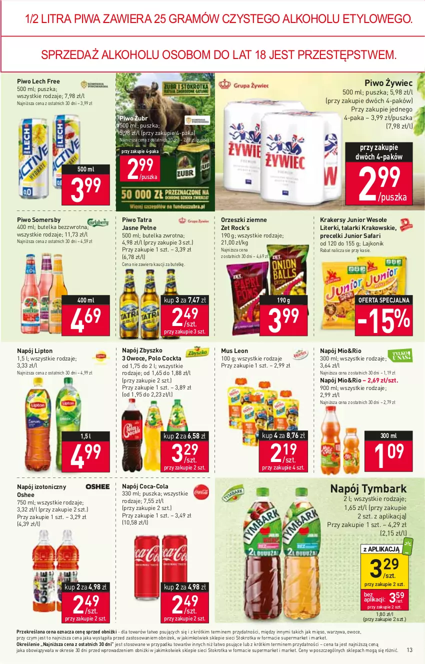 Gazetka promocyjna Stokrotka - Market - ważna 05.10 do 11.10.2023 - strona 14 - produkty: Coca-Cola, Fa, Gra, Krakersy, Lajkonik, Leon, Lipton, Mięso, Mus, Napój, Napój izotoniczny, Orzeszki, Orzeszki ziemne, Oshee, Owoce, Piwa, Piwo, Precelki, Somersby, Tatra, Tymbark, Warzywa