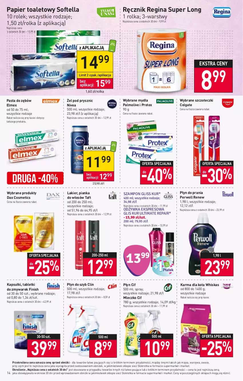 Gazetka promocyjna Stokrotka - Market - ważna 05.10 do 11.10.2023 - strona 15 - produkty: Cif, Clin, Colgate, DAX, Elmex, Finish, Gin, Lakier, LG, Mięso, Mleczko, Nivea, Owoce, Palmolive, Papier, Papier toaletowy, Pasta do zębów, Perwoll, Pianka do włosów, Płyn do prania, Płyn do szyb, Ręcznik, Tablet, Taft, Warzywa, Whiskas