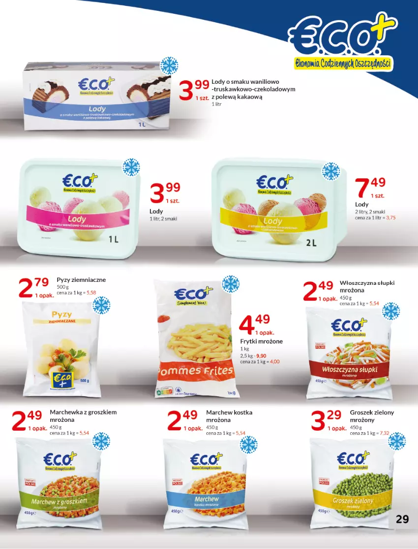 Gazetka promocyjna E Leclerc - ważna 11.01 do 22.01.2022 - strona 29 - produkty: Frytki, Groszek, Kakao, LG, Lody, Marchewka