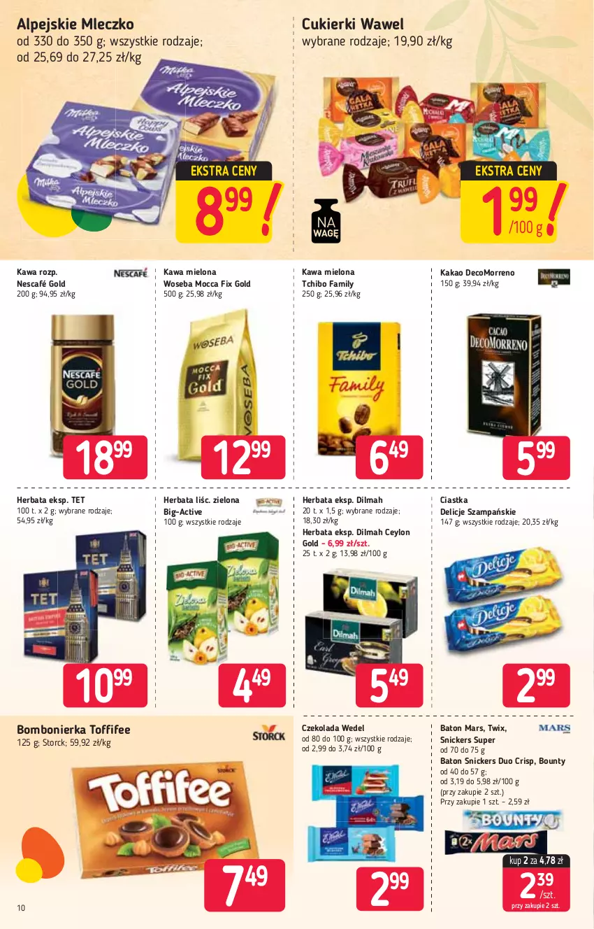 Gazetka promocyjna Stokrotka - Supermarket - ważna 25.03 do 31.03.2021 - strona 10 - produkty: Baton, Bounty, Ciastka, Cukier, Cukierki, Czekolada, Delicje, Dilmah, Fa, Herbata, Kakao, Kawa, Kawa mielona, Mars, Mleczko, Mocca Fix Gold, Nescafé, Snickers, Tchibo, Tchibo Family, Twix, Wawel, Woseba