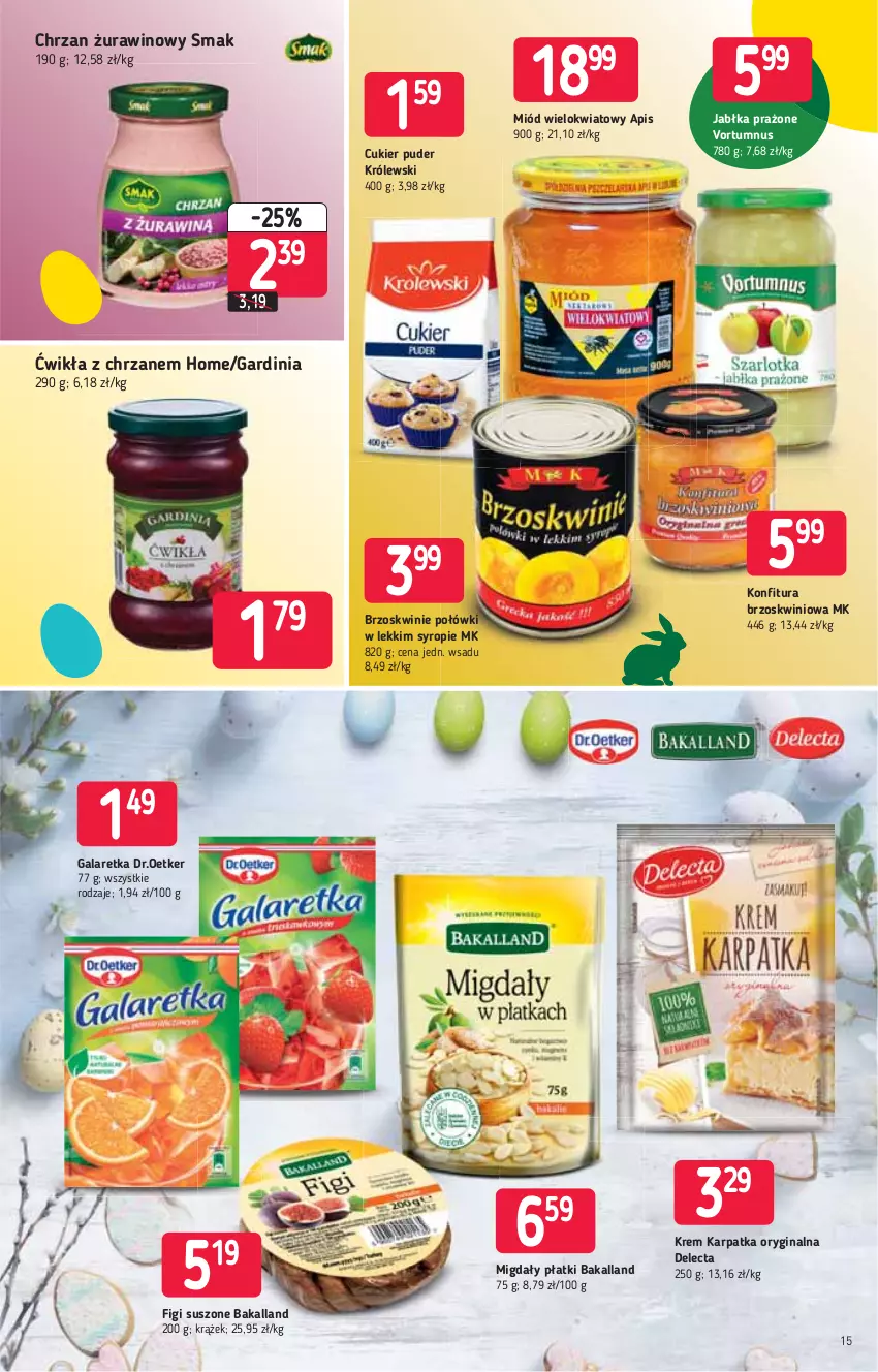 Gazetka promocyjna Stokrotka - Supermarket - ważna 25.03 do 31.03.2021 - strona 15 - produkty: Bakalland, Brzoskwinie, Chrzan, Cukier, Cukier puder, Delecta, Figi, Gala, Galaretka, Gin, Jabłka, Jabłka prażone, Karp, Królewski, Migdały, Miód, Puder, Syrop, Wino