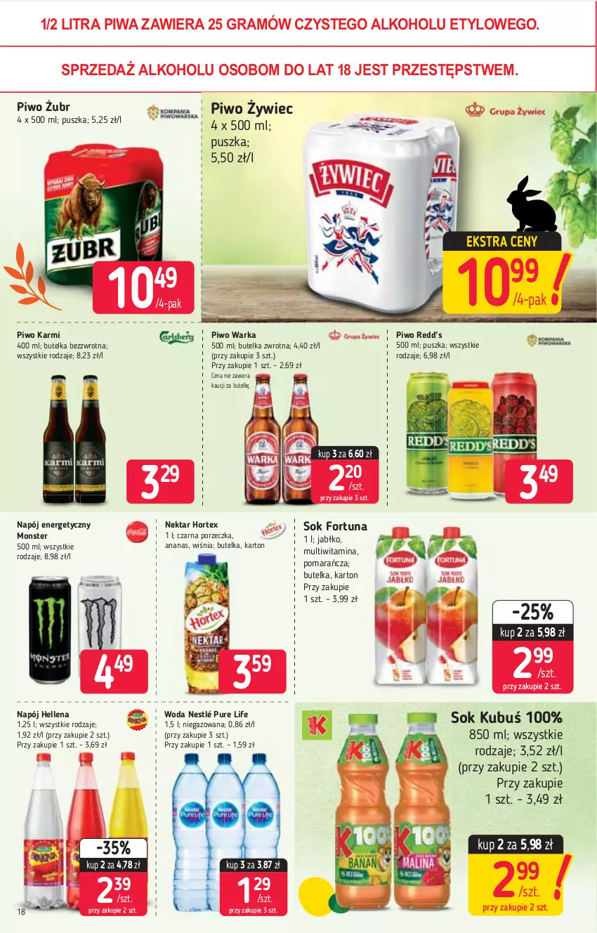 Gazetka promocyjna Stokrotka - Supermarket - ważna 25.03 do 31.03.2021 - strona 18 - produkty: Ananas, Fortuna, Gra, Hellena, Hortex, Karmi, Kubuś, Napój, Napój energetyczny, Nektar, Nestlé, Piwa, Piwo, Por, Pur, Sok, Warka, Woda